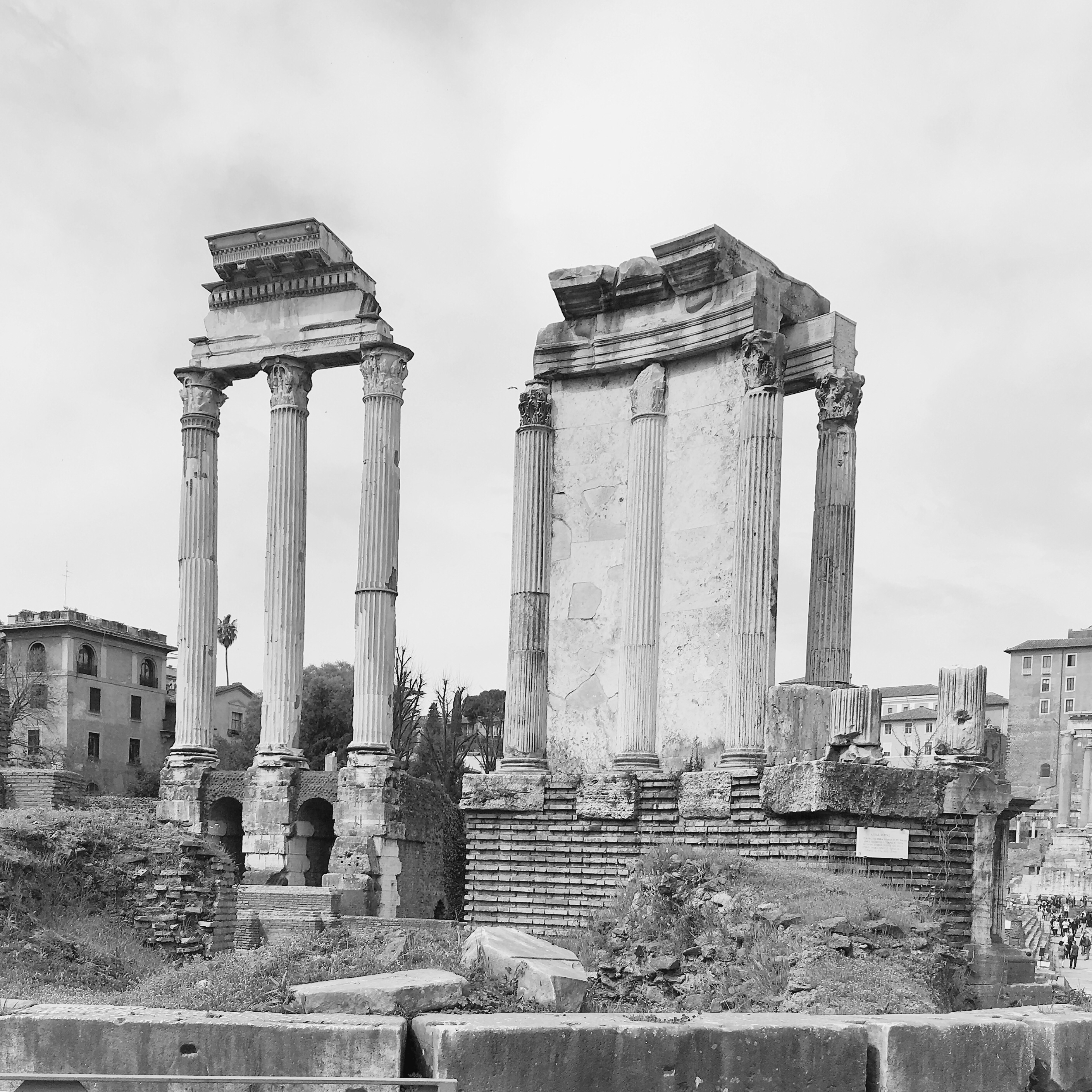 A black and white photograph captures the ruins of the Roman Forum in Rome, Italy, highlighting the historic grandeur of ancient architecture.