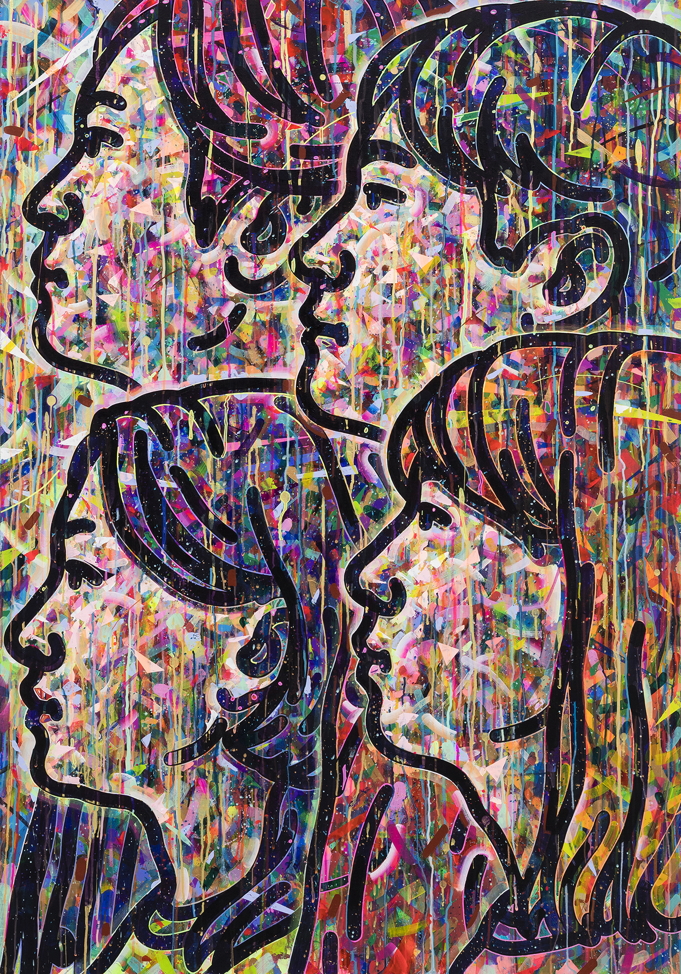 〈The Q #8(소리, Seesea, 이열, 한희)〉, 2019, 캔버스에 아크릴, 색연필, 스프레이 페인트, 145.5 &times; 102cmThe Q #8(Sori, Seesea, Yiyeol, Hanhee), 2019, acrylic, color pencil, spray paint on canvas, 145.5 &times; 102cm