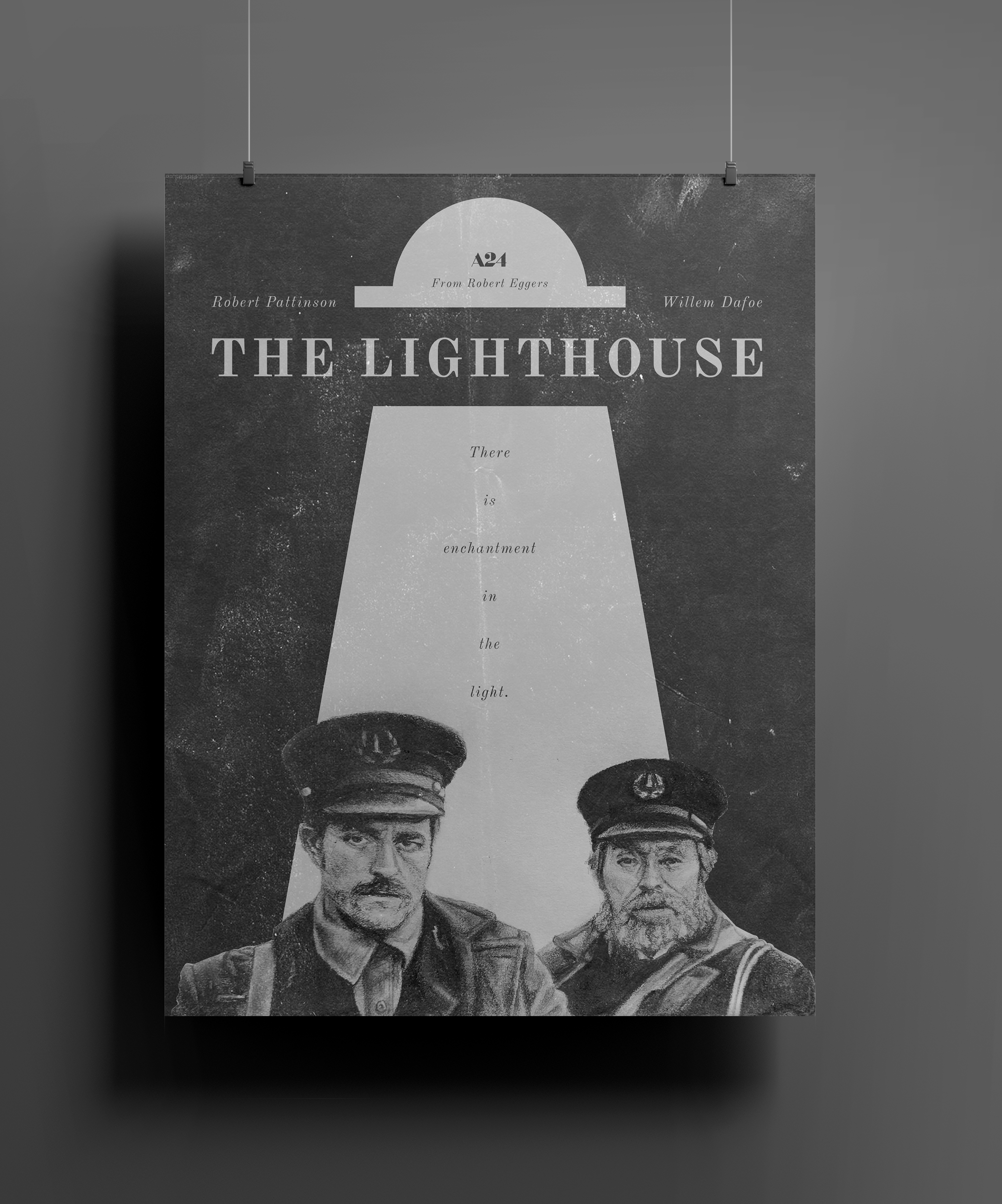 A poster for The Lighthouse, with pencil drawn portraits.