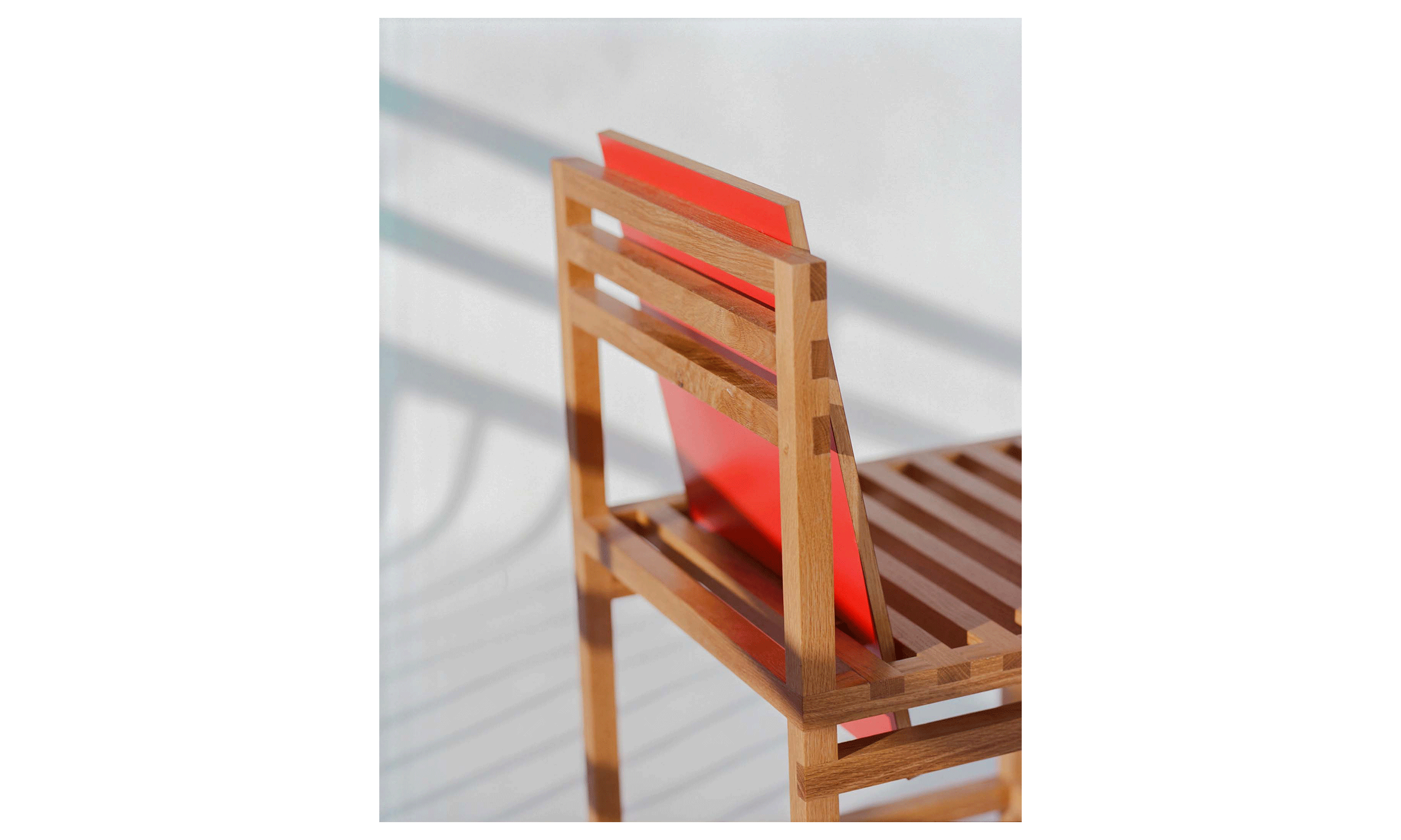 BAND 01 Chair, white oak and formica, w/ Bronsin Ablon, 2021 (photo: Marco Galloway)