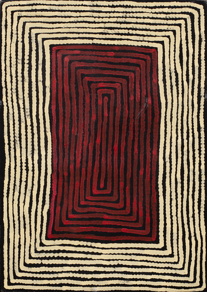 Ronnie Tjampitjinpa, Rêve du Tingari,  Acrylique sur toile 30 x50 cm, 2002