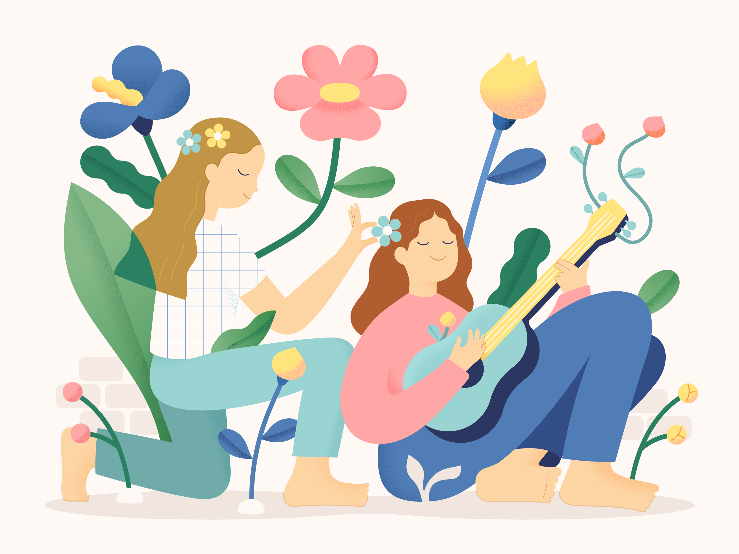 Digital illustration. The image depicts two young girls, side by side, amid flowers growing with them. The first is kneeling and placing a flower in the hair of the other. The second, sitting on the ground, play the guitar, from which buds grow. The colours are soft and pastel; the atmosphere is dreamy.