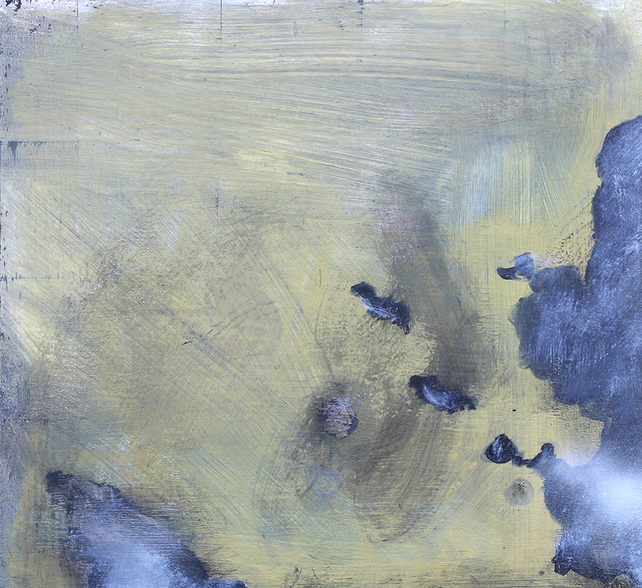 Here or There, 43x40.5cm, oil, spray paint and metal leaf on gesso panel