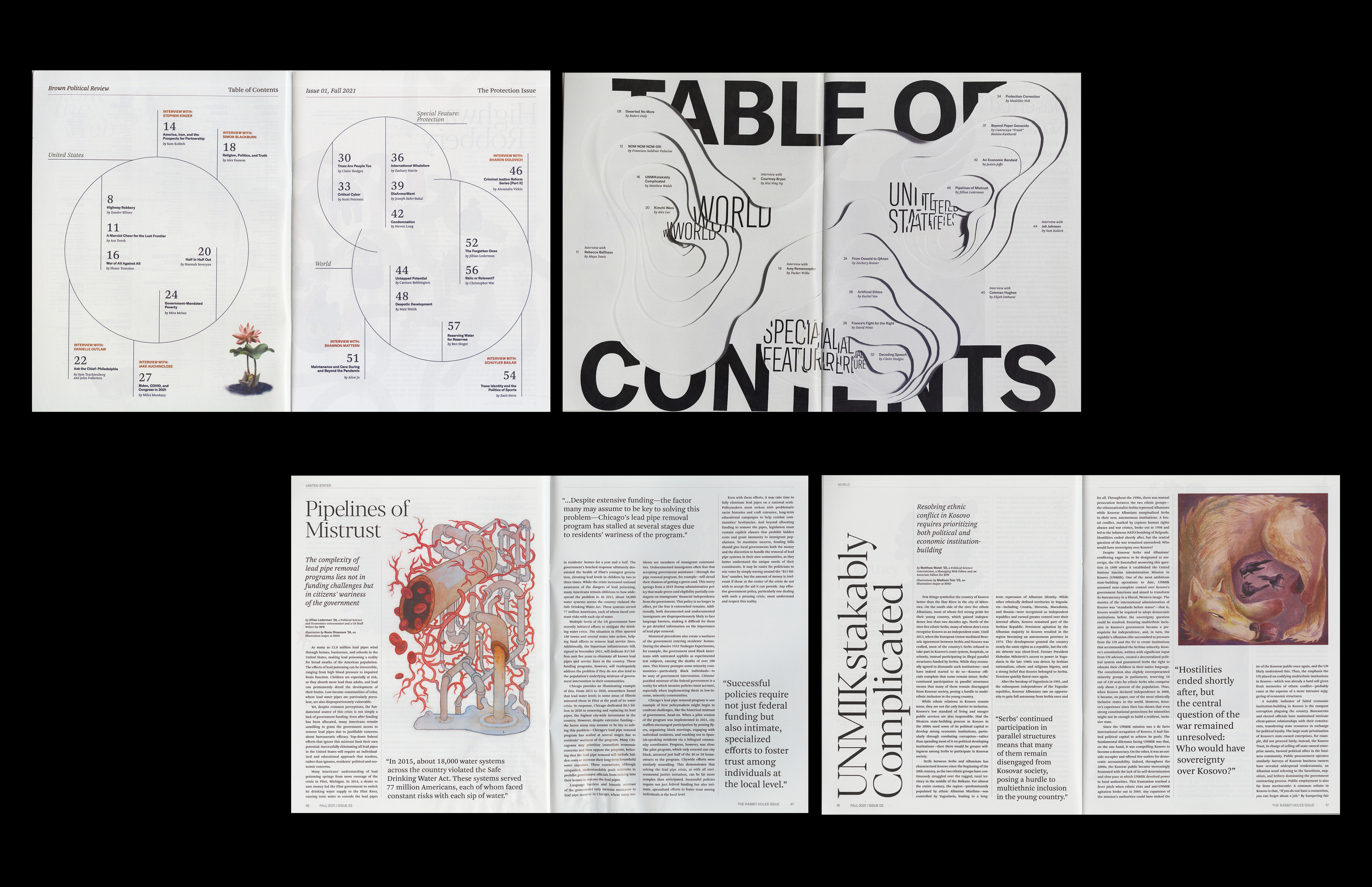Brown Political Review; 8.5” x 11” design layouts (top: Table of Contents, bottom: article spreads); 2021-2022