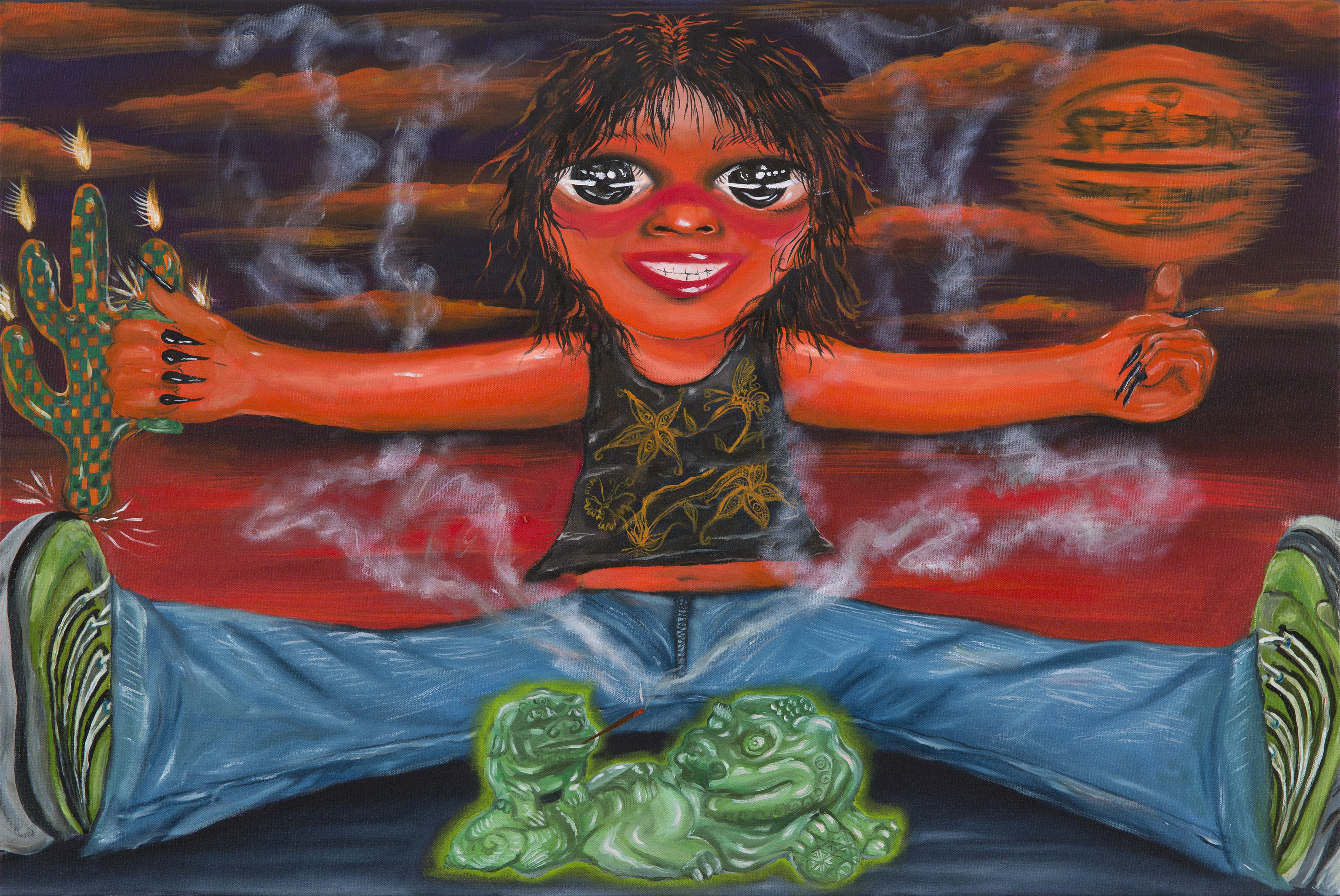 one hand on the ball, the other on my lighter (2022), oil on canvas. 50 x 75 cm. Photography David Paterson