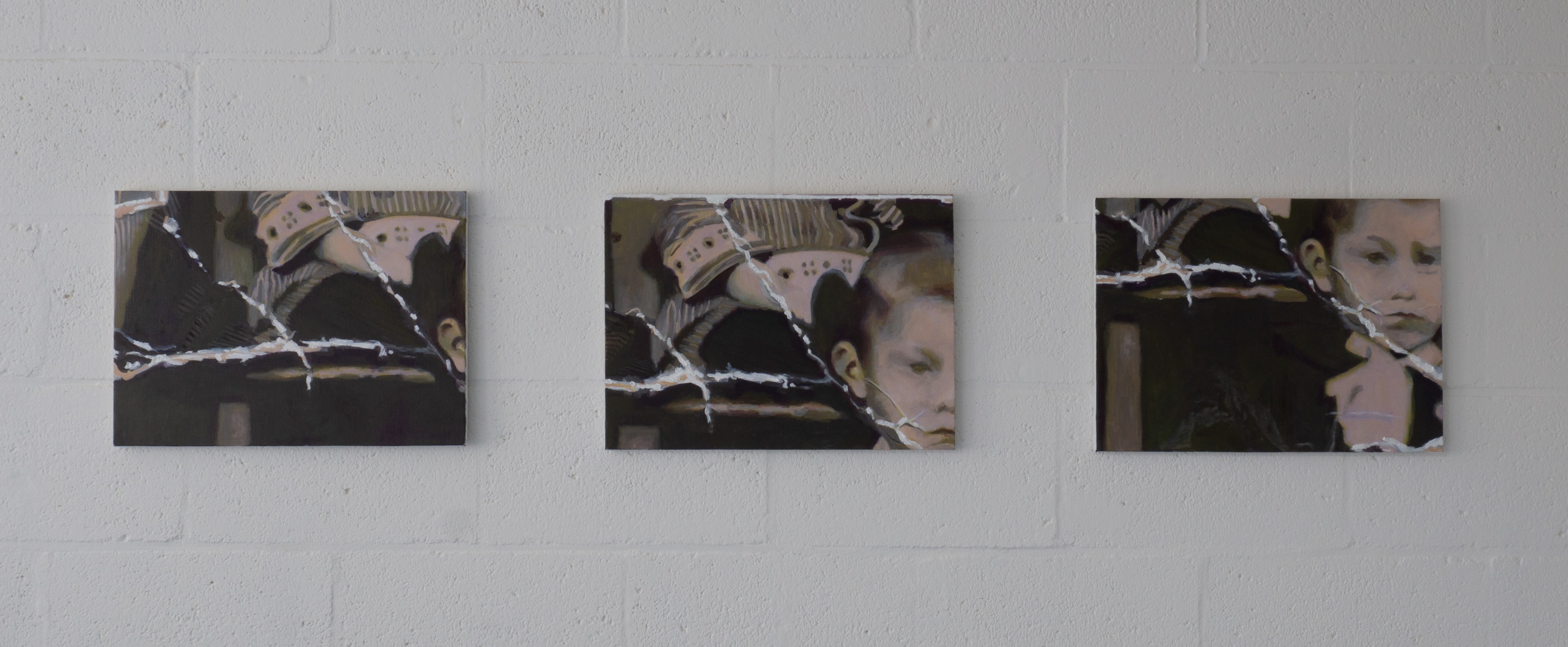 Injuries on a printed Photograph, Trip-Tych, 2023, Oil on canvas, 39x52cm (x3).
