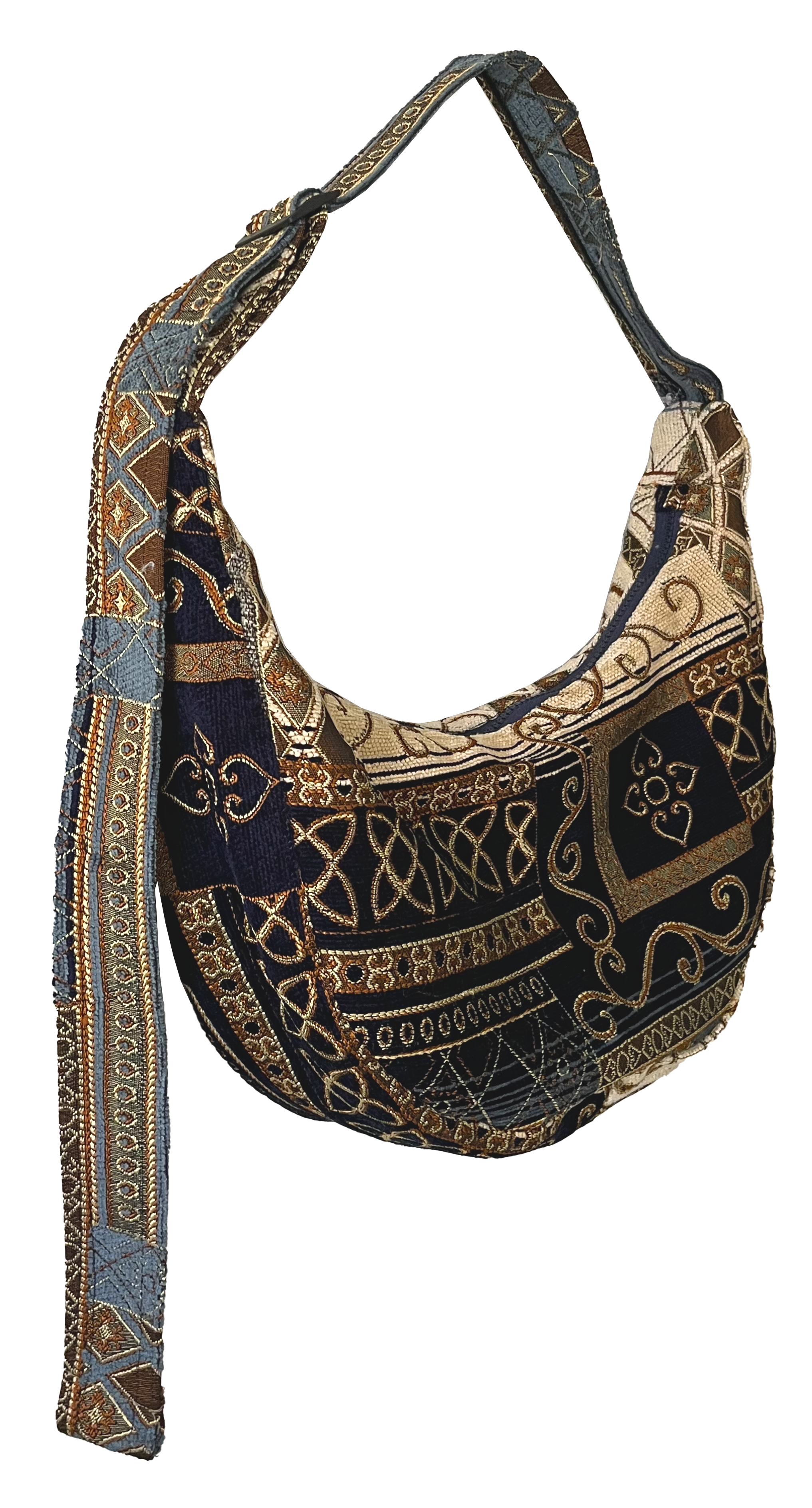 crescent bag, made from thrifted materials