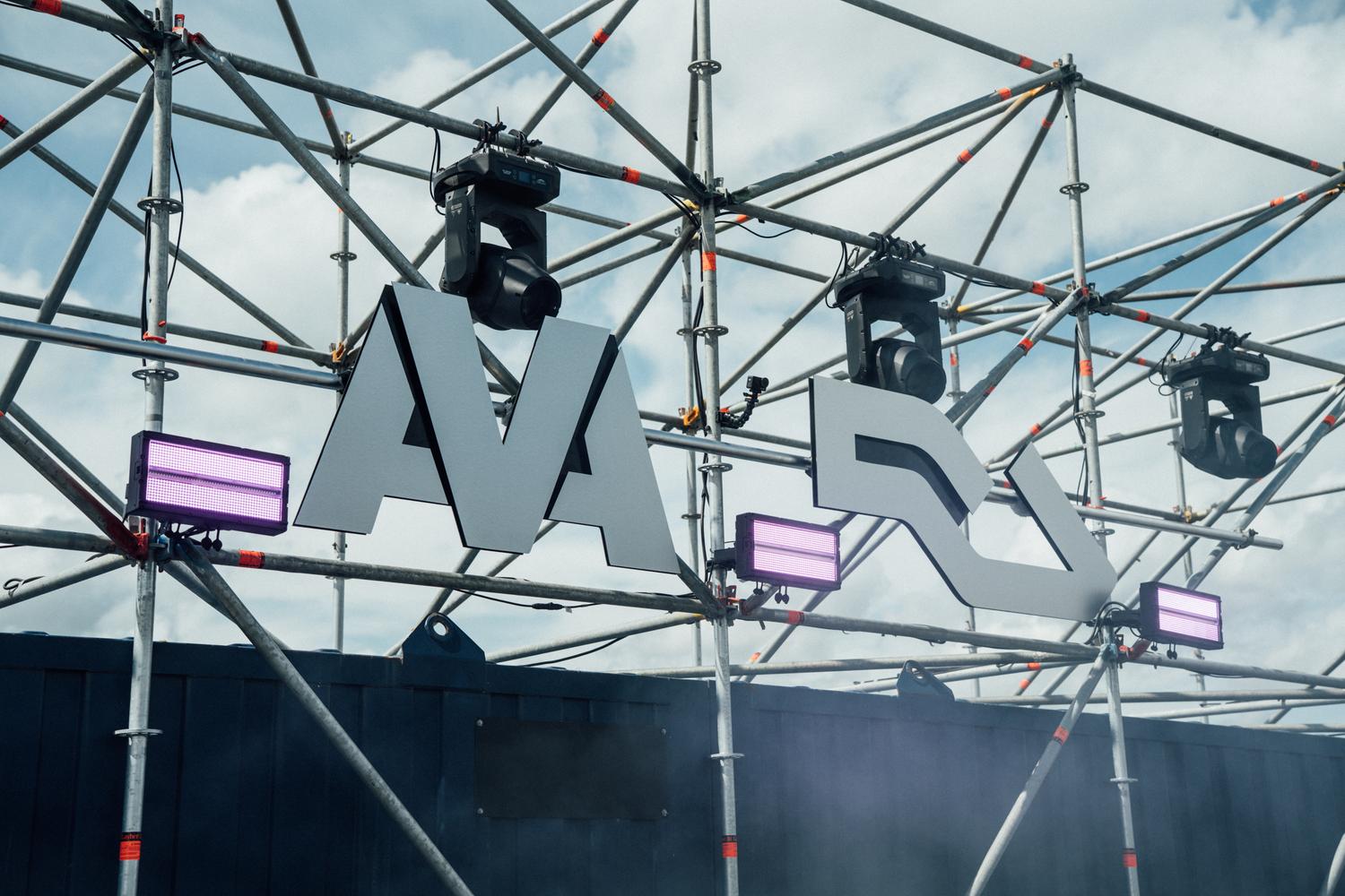 AVA Festival and Resident Advisor stage signage on scaffolding structure at The Dock stage