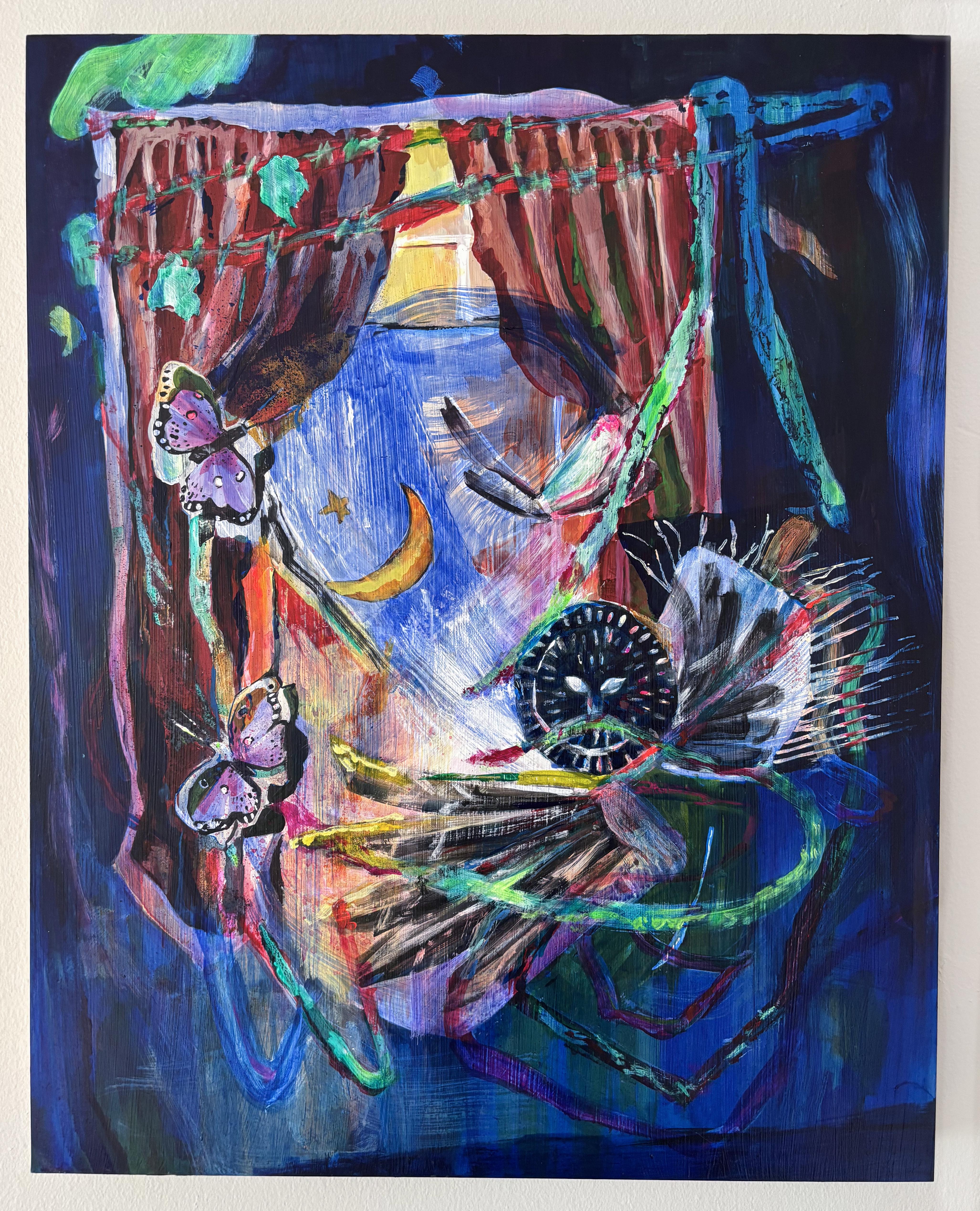 a painting about bedtime stories, acrylic on panel, 16” x 20”, 2025