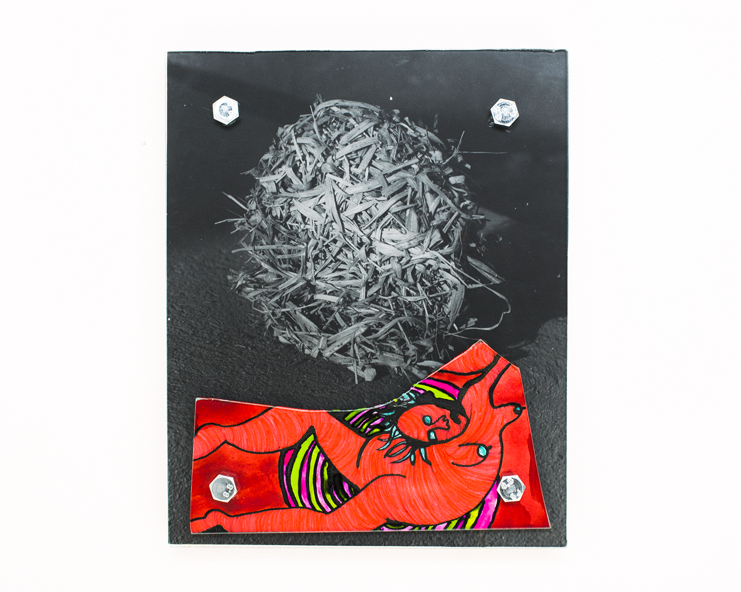 Falling Out of the Nest - H25.5xW20.5xD2.5cm - Bolts, glass, paper, ink, felt tip,  dark room hand print, birch ply - 2020