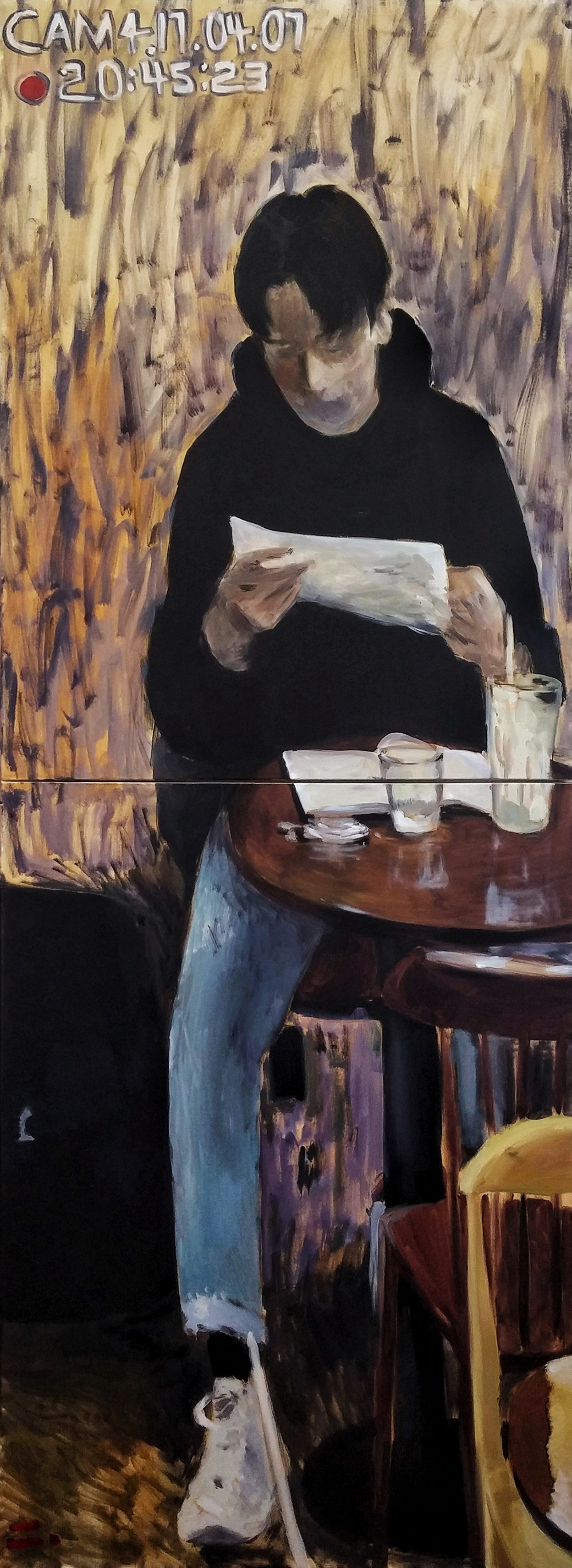 Self portrait taken by CCTV, 2017, oil on canvas, 200*72.7(cm)