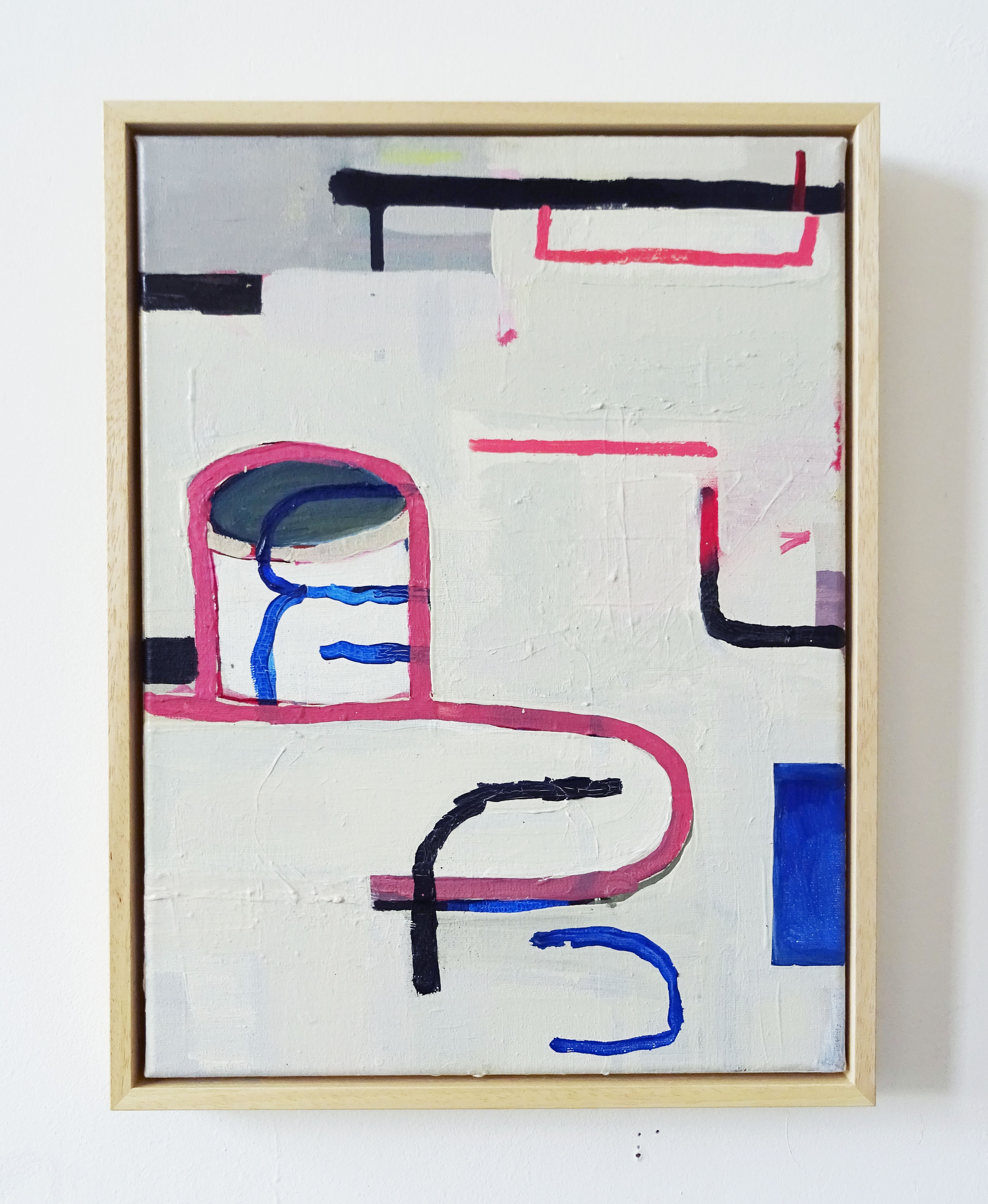 Glasses, hat, frown, leg, chair, burning house, mouth, intestines/ Acrylics, Oil Paint on canvas/ 30x40