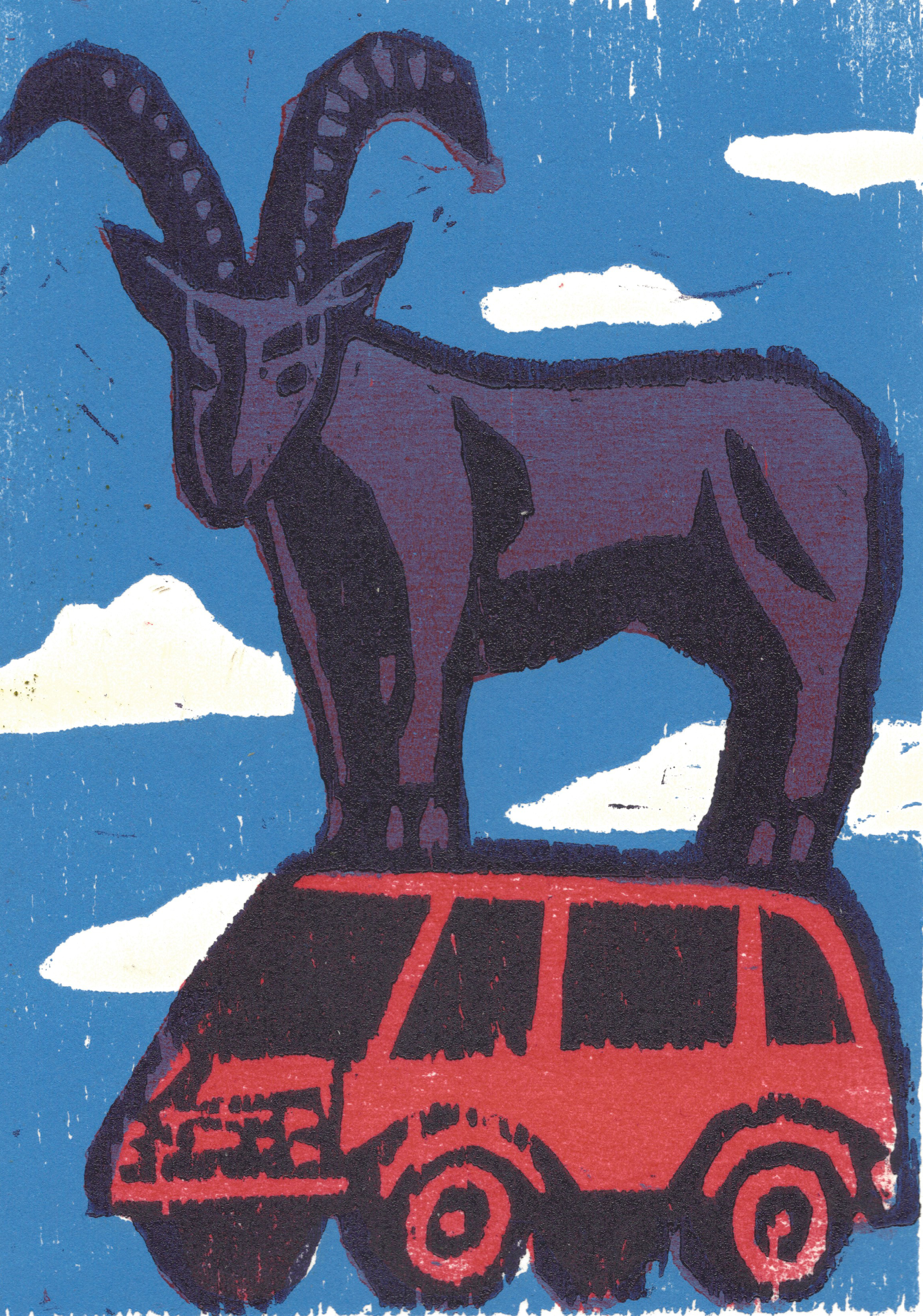 The Biggest Goat in the County / three-layer woodcut