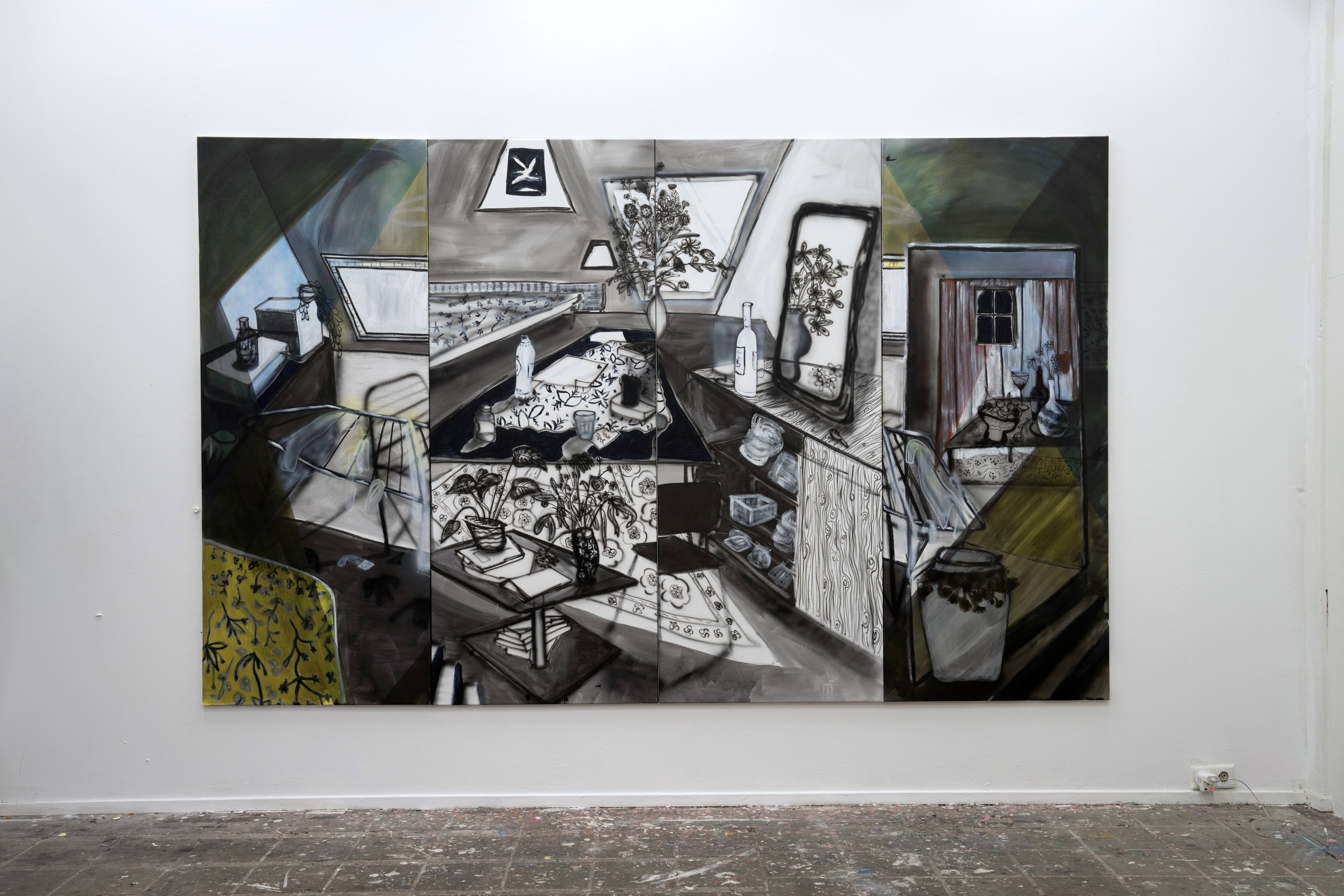Room from all perspectives // 320 x 195 cm // Acrylics, ink and airbrush on canvas // 2024
