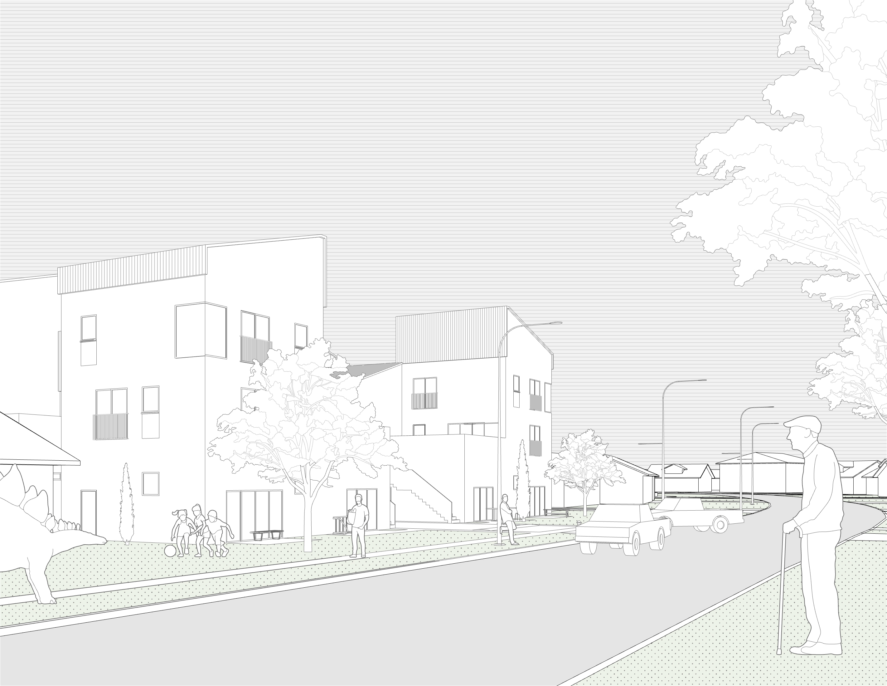 View of the newly proposed development along the existing street built in the 1950s.