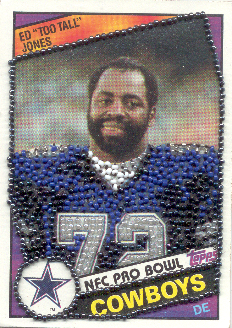 Heroes Past (Ed Too Tall Jones). Beads on trading card. 3 1/2" x 2 1/2". 1995-97.