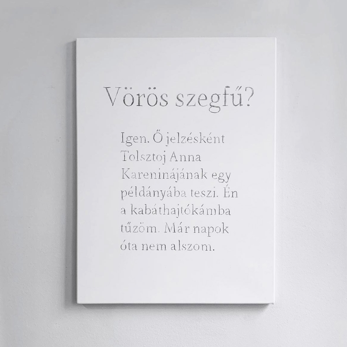 18/20 — ILLATSZERTÁR (PARFUMERIE).  Inspired by her pursuit of learning to speak and write Hungarian, Quinn revisits the exploration of language as form in the project Illatszertár (Parfumerie). The title references the play of the same name, written by the Hungarian-born Miklós László. After László immigrated to America, Illatszertár was used as the storyline for the motion pictures The Shop Around the Corner, and, more recently, You've Got Mail. For the works created for Illatszertár, Quinn surveys these films' English scripts, extracting and translating text selections, returning their collective story to their language of origin. The project takes form across fifteen graphite works on linen, three photographs, and a printed pamphlet, 2019.