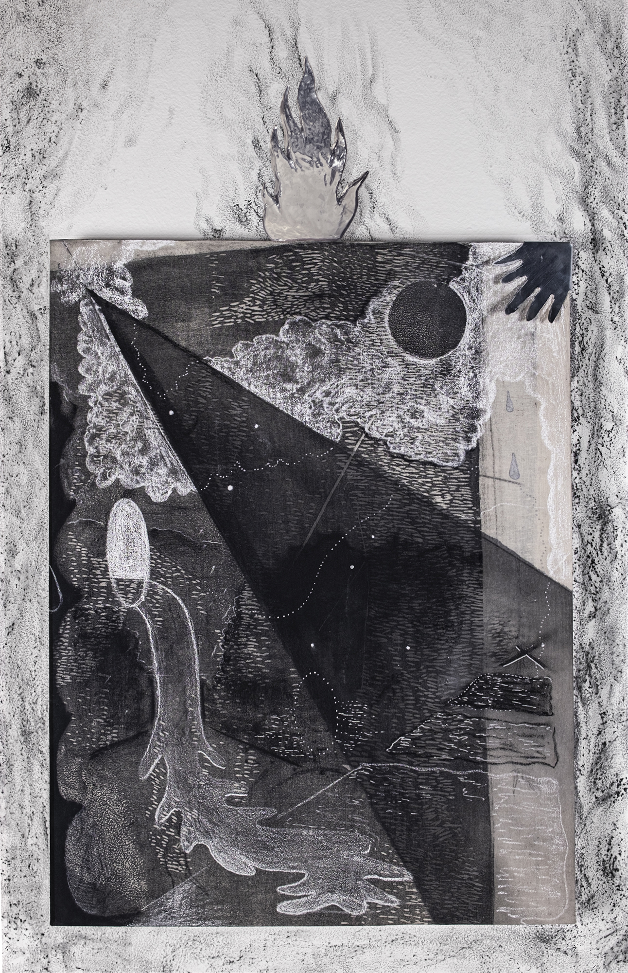 Immanence 30"x24" Woodcut, ink, charcoal and steel on muslin. 2022