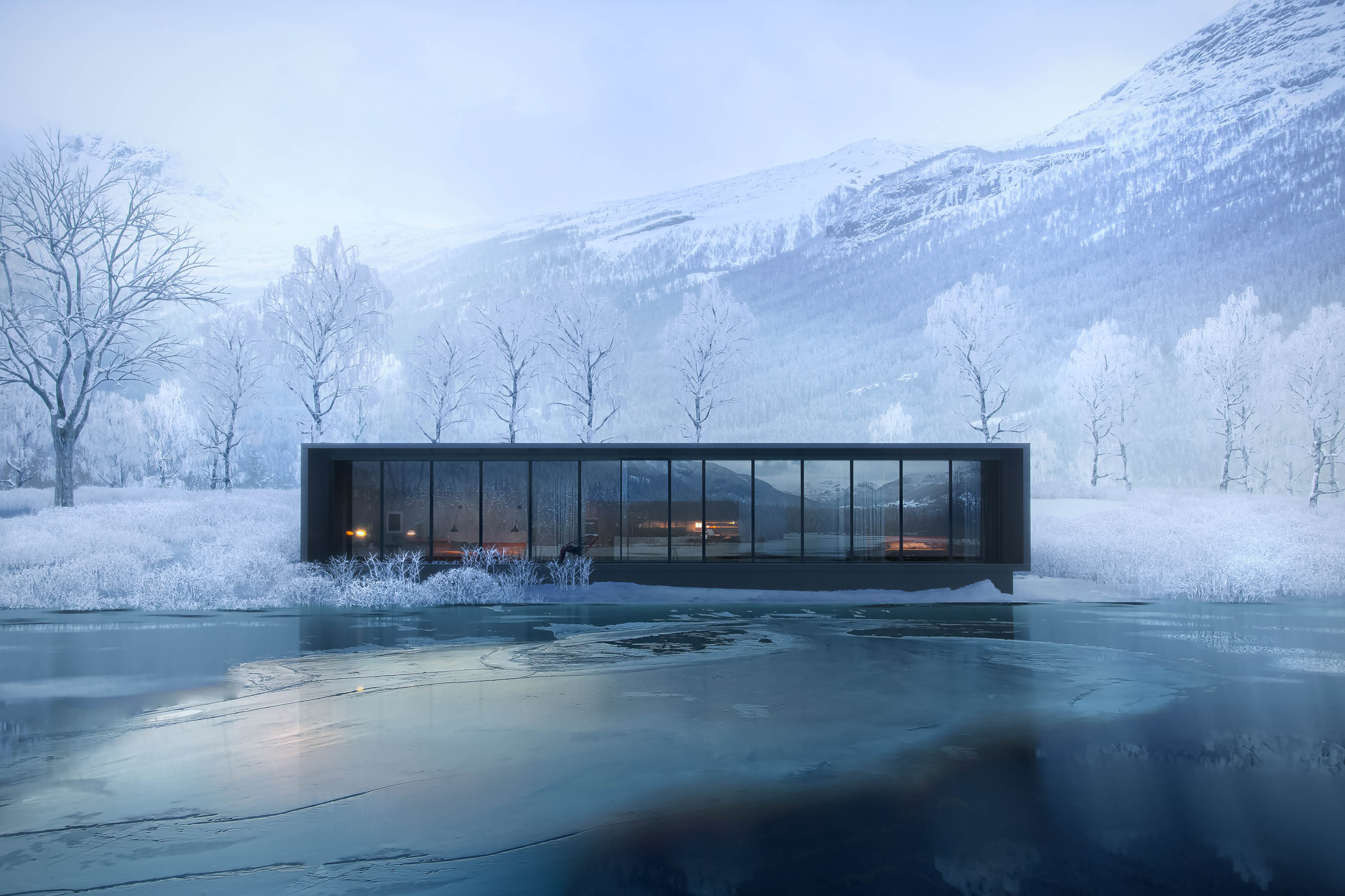 high classs lodge in the beautiful environment of the frozen Thuner lake / Switzerland.