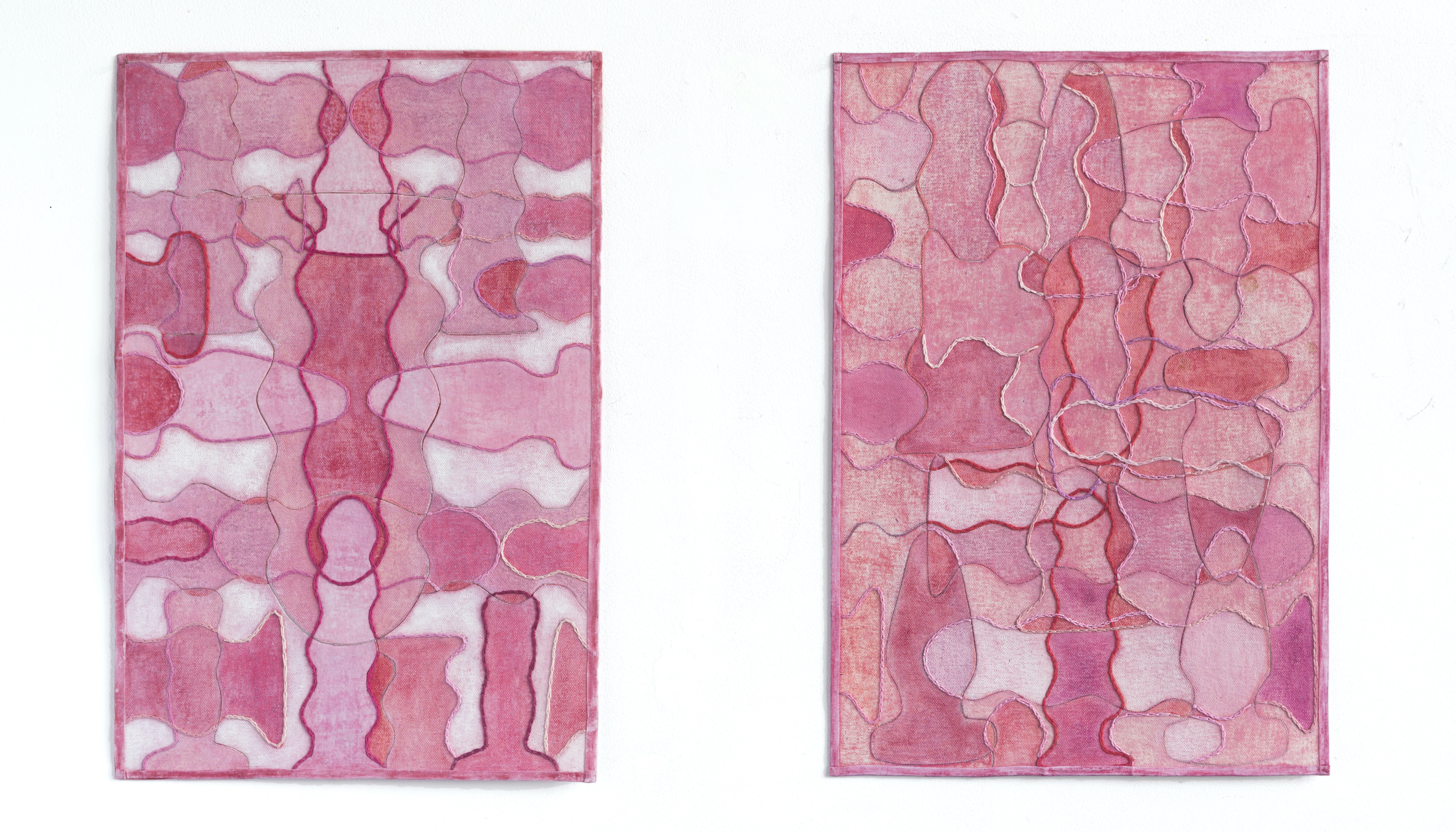 Who’s Afraid of Pink, 2021 – Color pencil, oil pastel, oil and cotton threads embroidered on fragments of canvas mounted on cloth . 45 x 35 cm (each)