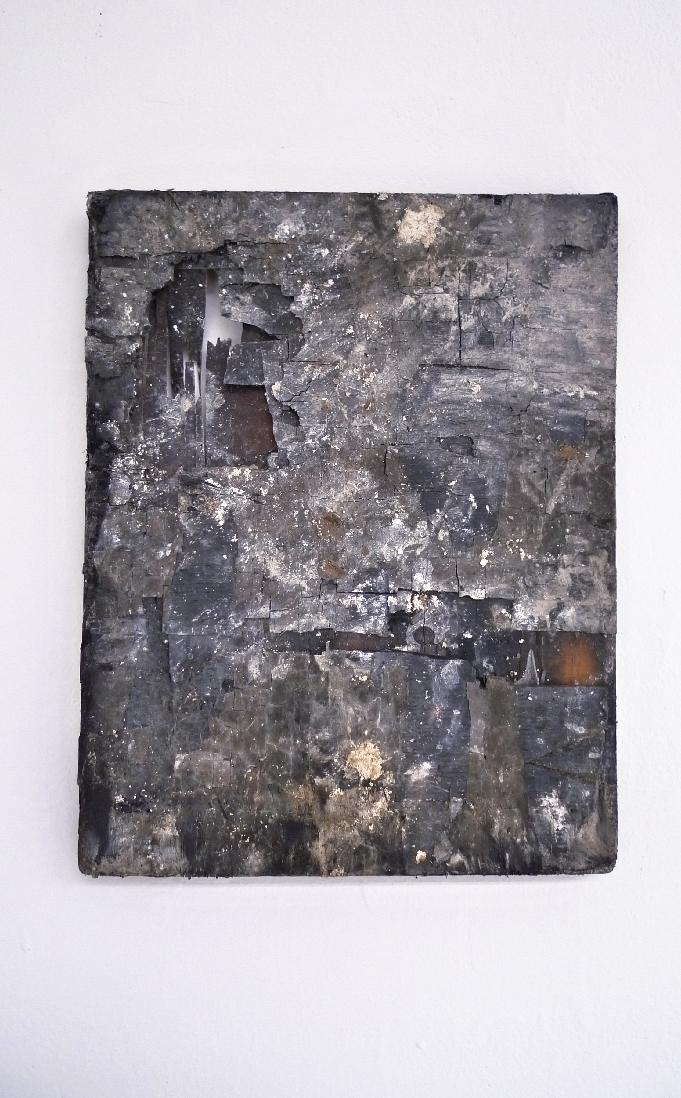 1/11 – OCTOBER.October. represents a notable benchmark for Quinn both personally and professionally. Previously created and stored on shelving above her stove in her apartment, this piece, along with others, was transformed and later retrieved from the artist's home's detritus after an apartment fire on the eve of her birthday in the fall of 2013.Painting retrieved from artist's home, 16" x 12", 2010-2013.