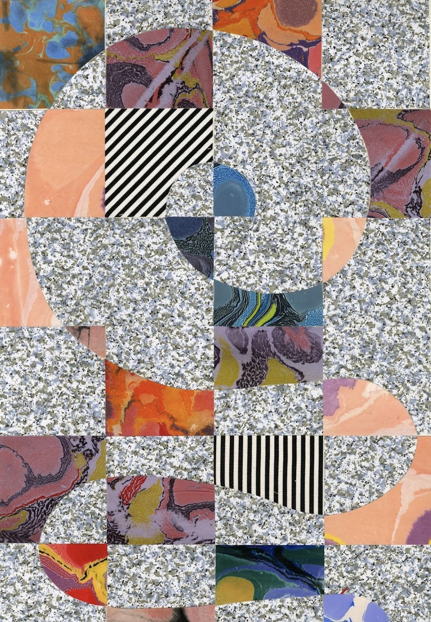 checker-spiral II, 2022, vinyl, marbled cotton, marbled silk on paper 14” x 20”