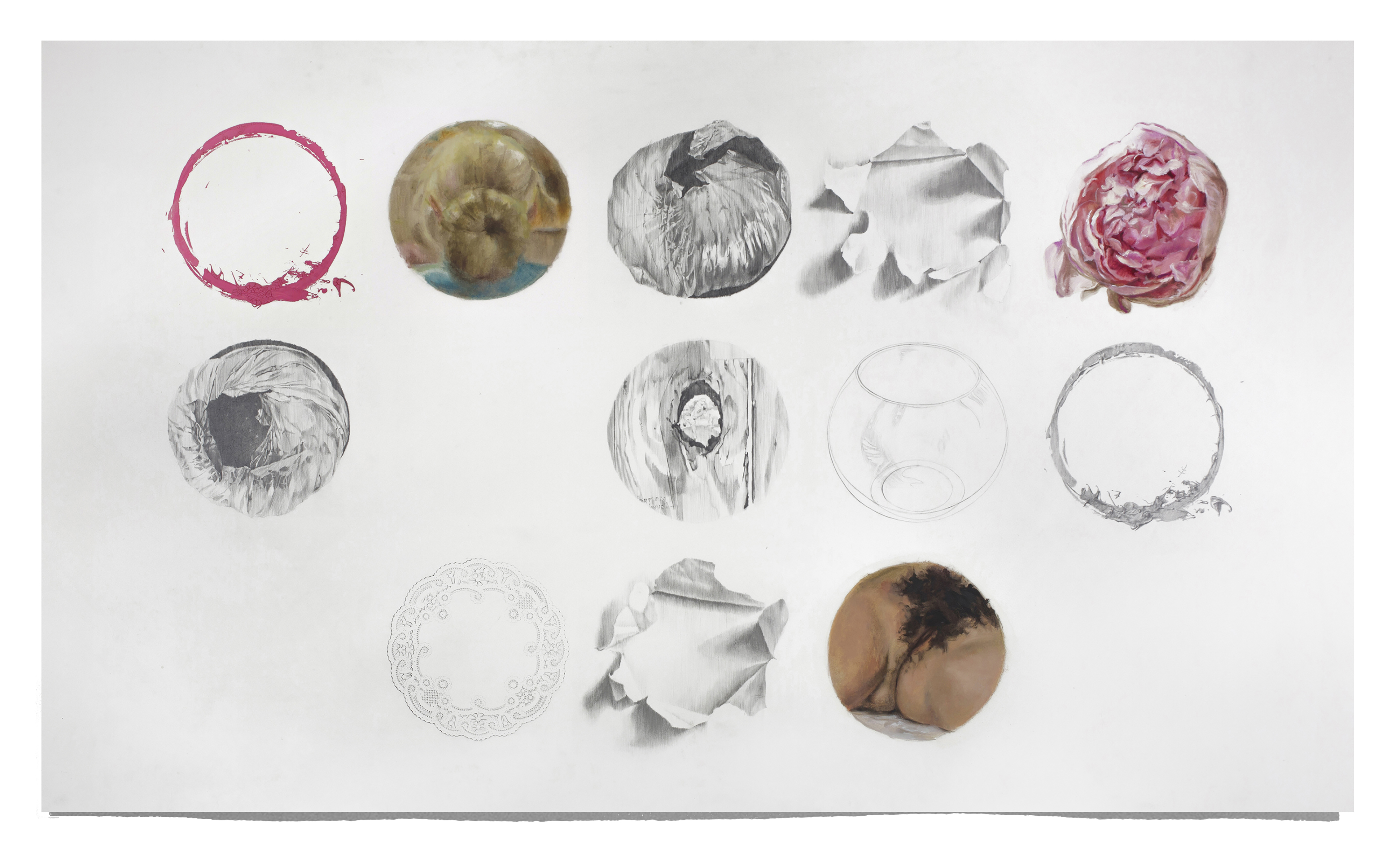 Scopophilia, 2015, graphite, oil + acrylic on paper, 43 x 73.75 in