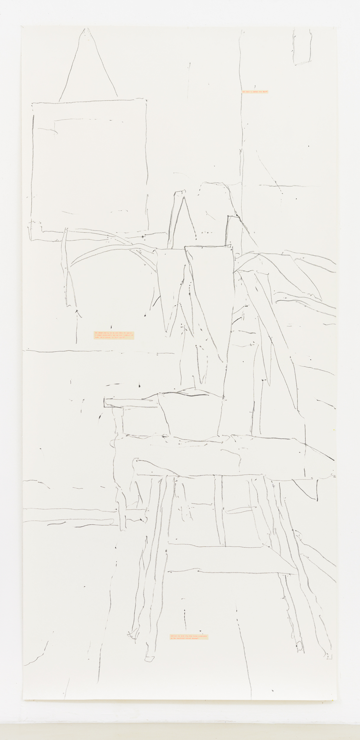 Things Fall Apart - only shadows enter my tent - part 8, 2018 Paper, typed on paper, graphite 235 x 110 cm