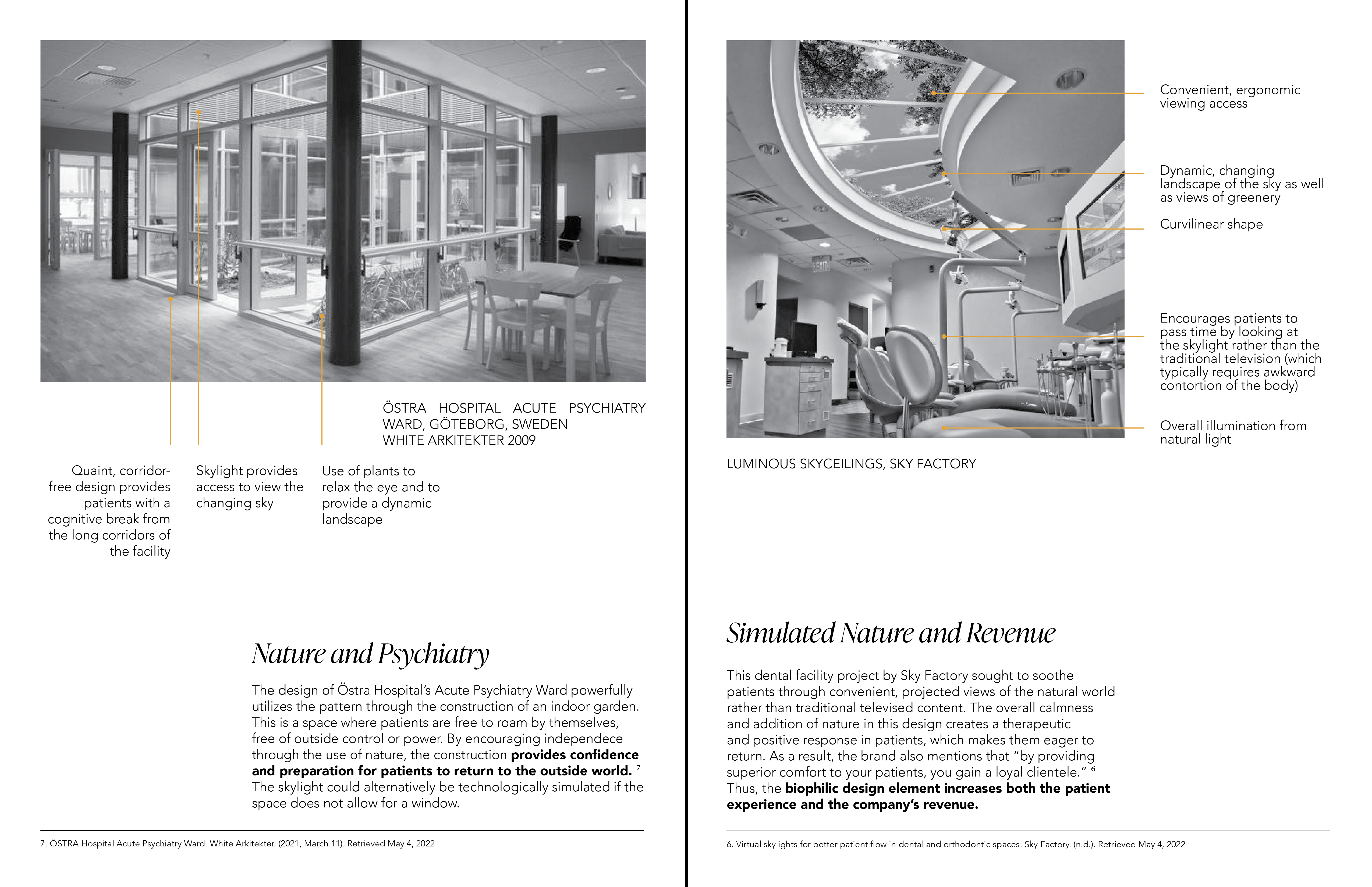 Selected spreads from a 54-page resource document on biophilic design principles for application in healthcare environments. This report was made by my sophomore year studio in collaboration with Weill Cornell Medicine. I was appointed lead graphic designer, independently generated the style guide, oversaw content generation and formatting, and assembled and designed the final document: Adobe InDesign, 2022 