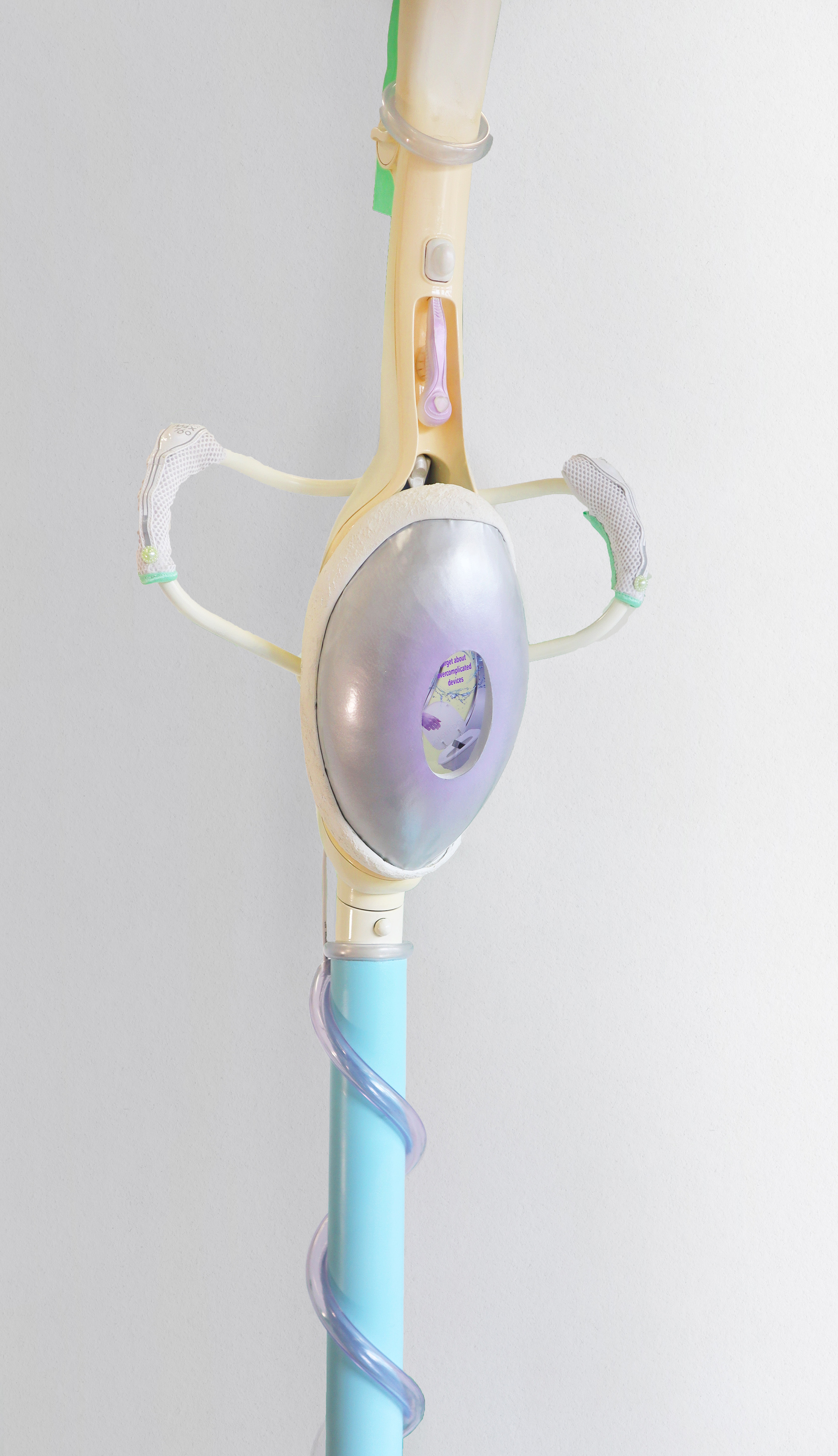 ‘vibe-check device’ (2023) fibreglass, metal, pvc tubes, found objects, mdf, screen, resin, LED laser, aluminium, vibes.