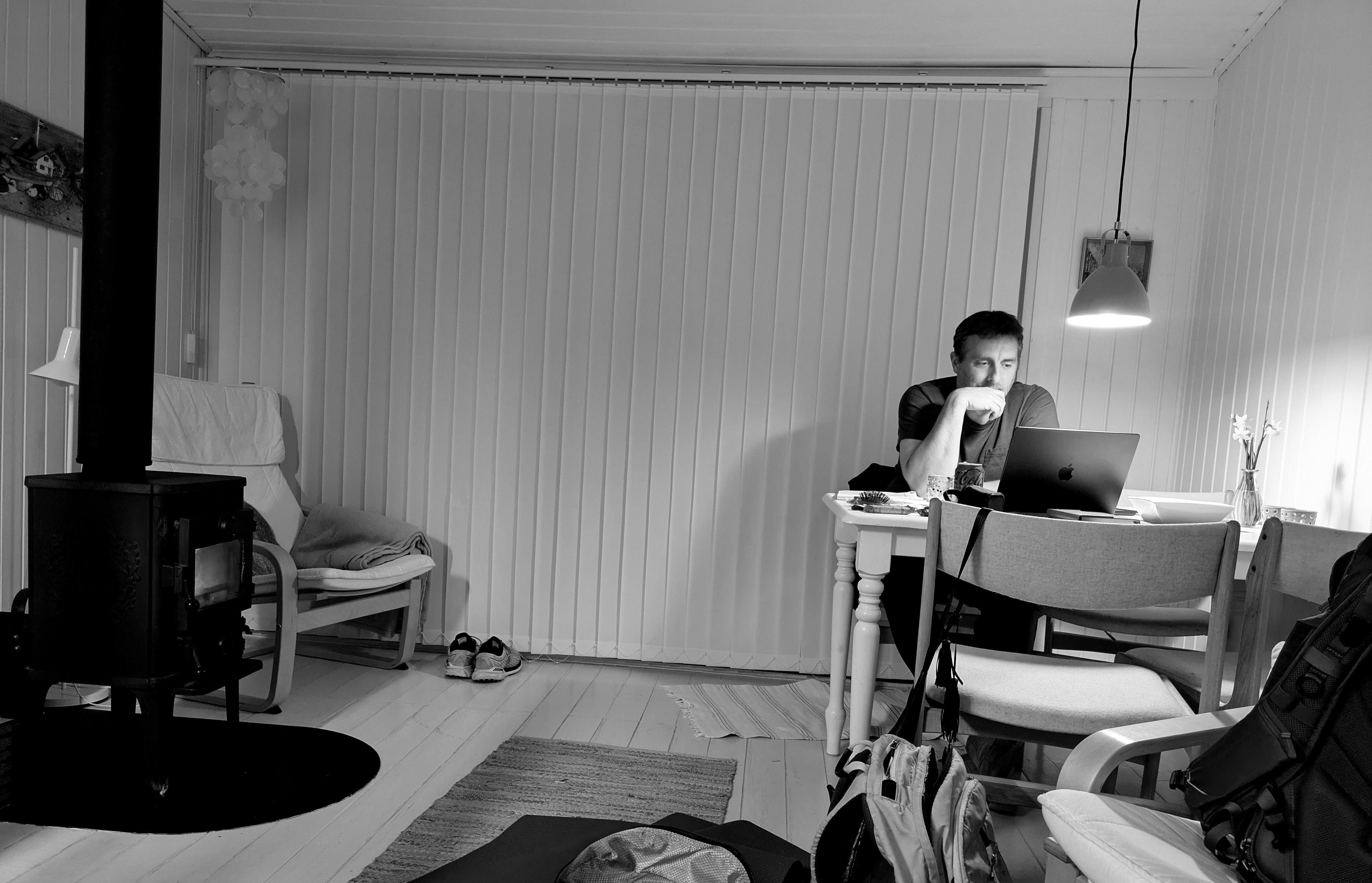 A fire warms the little cabin, at the very tip of Denmark. (Skagen, Denmark)