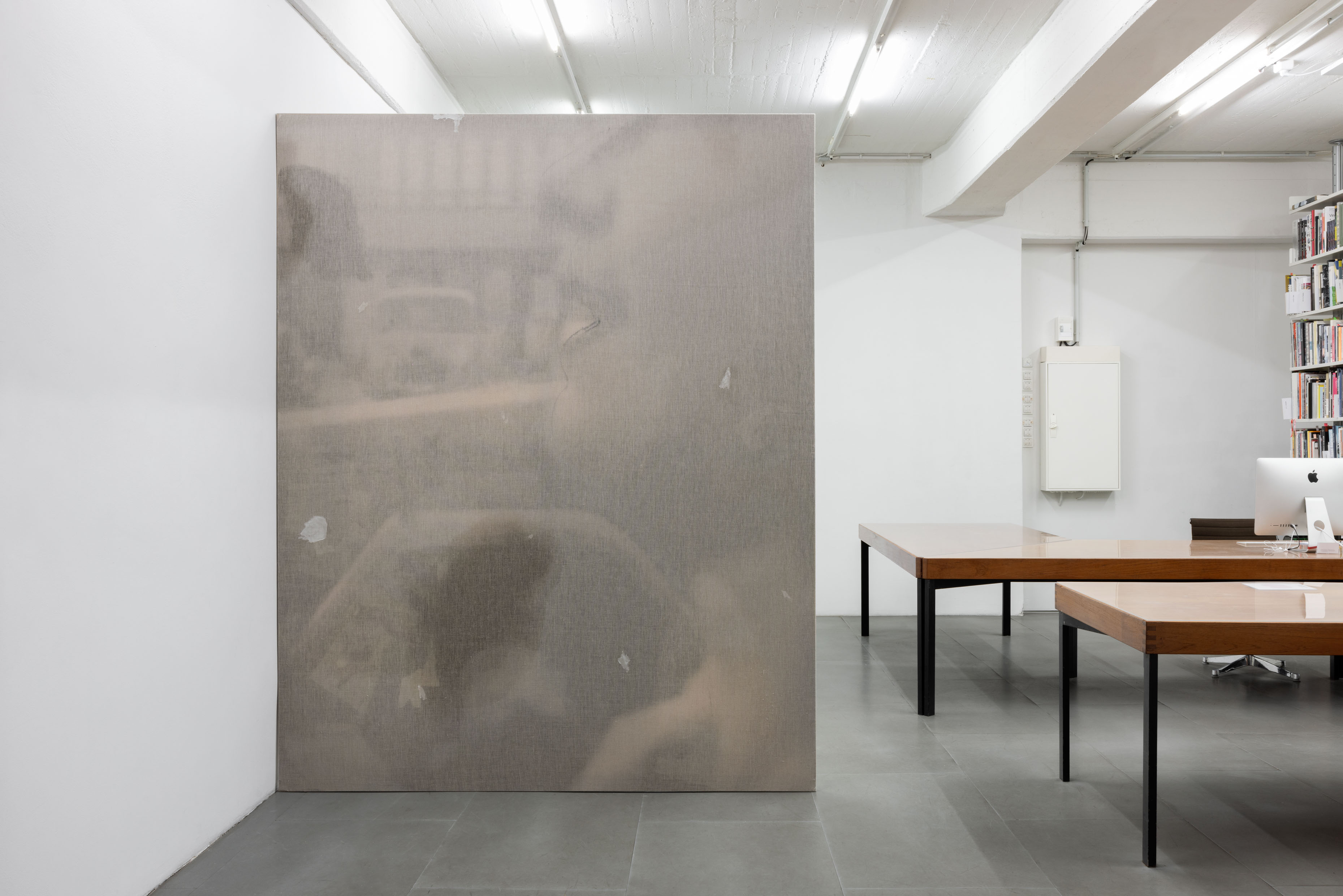 Background Vehicle (Mouth), 2024–2025. Plotter print on tarp canvas with collaged tissue paper and paint, covered by raw linen with stains of WD-40 oil, air-dry porcelain, marker and diluted ink. 245 x 195 cm