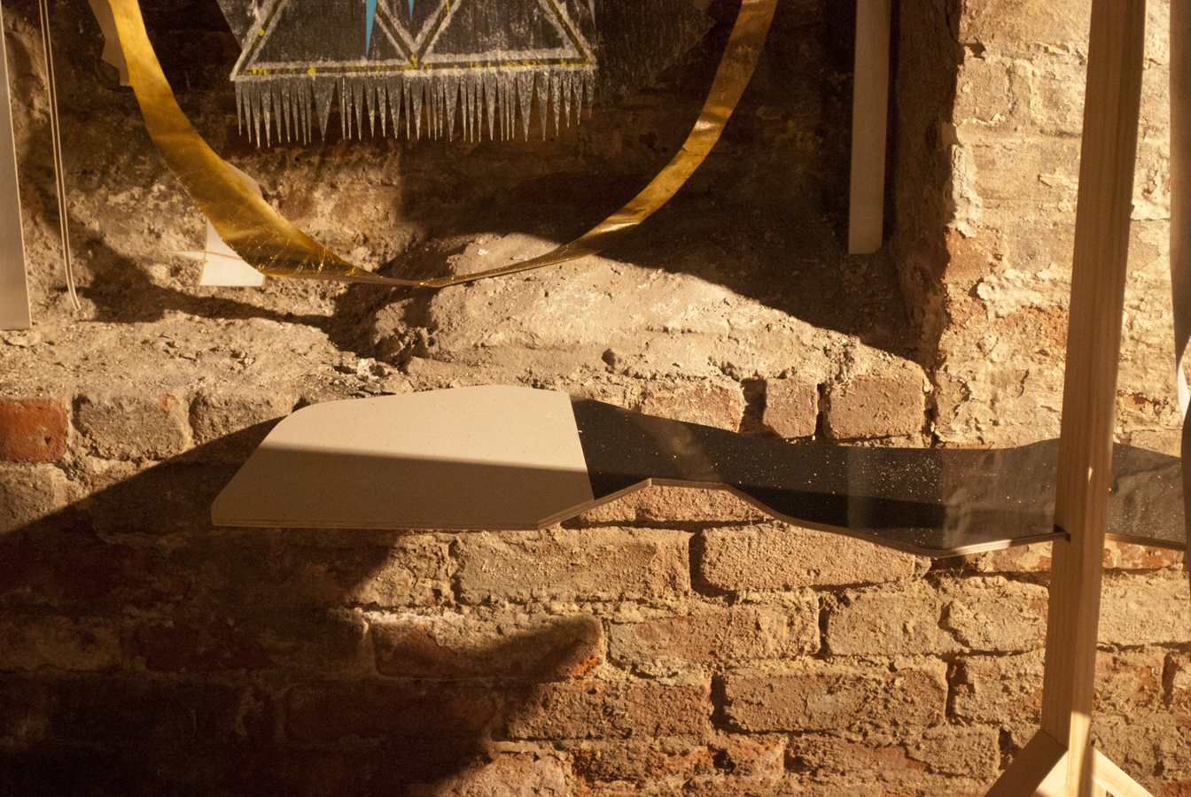 flattened dirge  Ink, graphite, aerosol and copper leaf on paper. Formica, wood and hardware. 2011 - variable dimensions