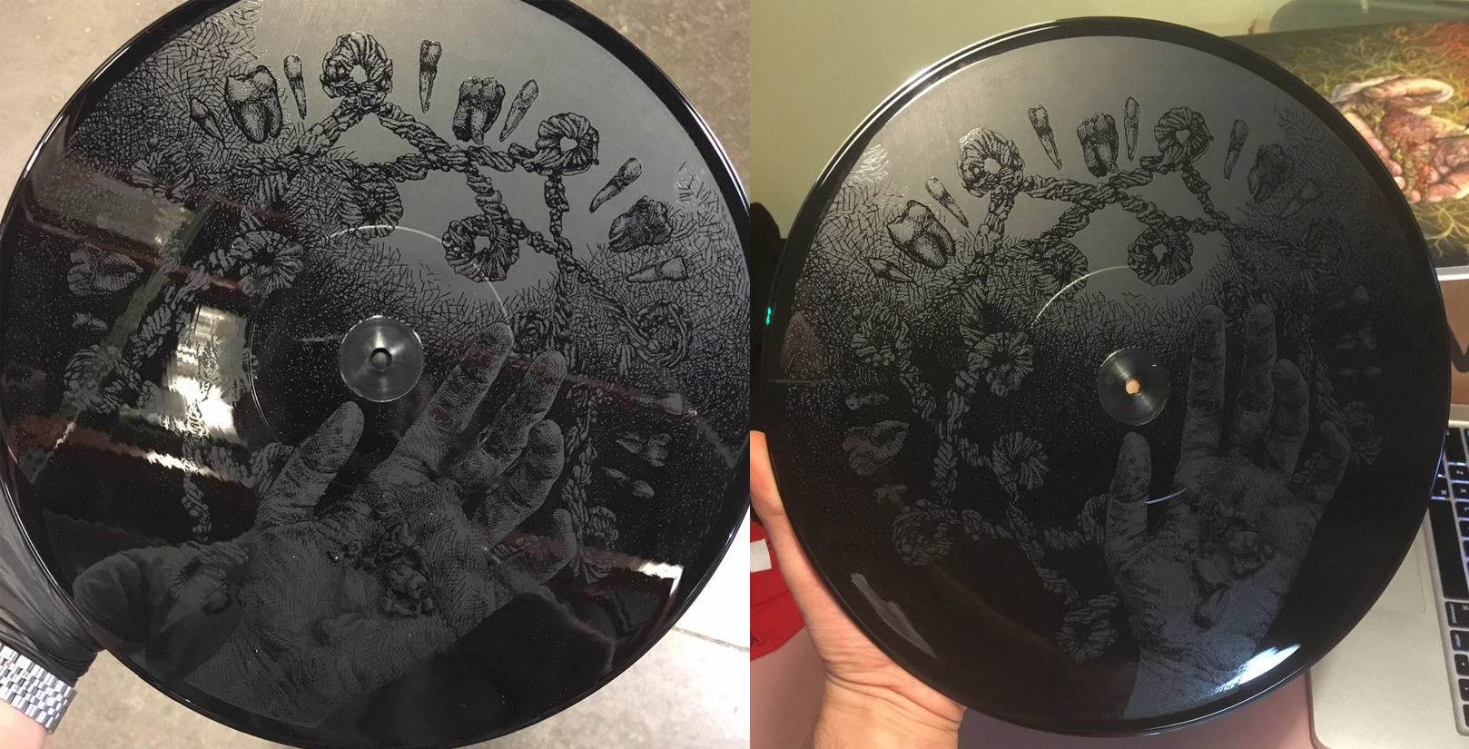 Alternate views of the B-side etching of Yautja's Dead Soil, a one-sided 12" vinyl EP out on Anti-Corporate Music, Inc. in November 2017