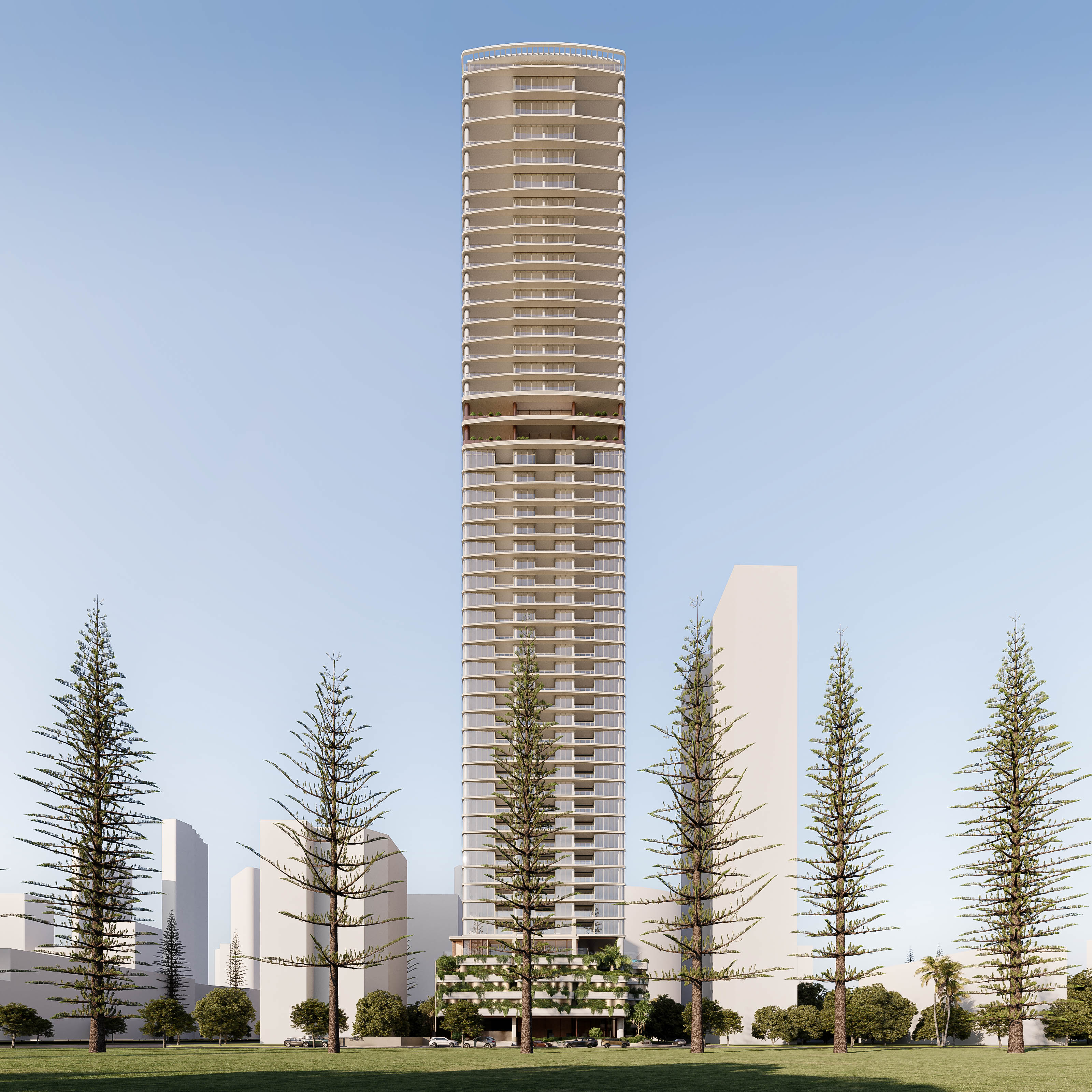 Modern high-rise residential skyscraper with rounded design and glass balconies, surrounded by tall pine trees and green landscaping in an urban cityscape. Contemporary architecture tower under clear blue sky, luxury apartment building with vertical symmetry and minimalist facade.