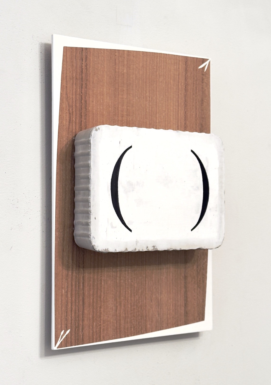 &ldquo;For old times&rsquo; sake 2, addressing&rdquo;, 2026, acrylic on teak wood panel, cement and plaster, 30 x 20 cm.