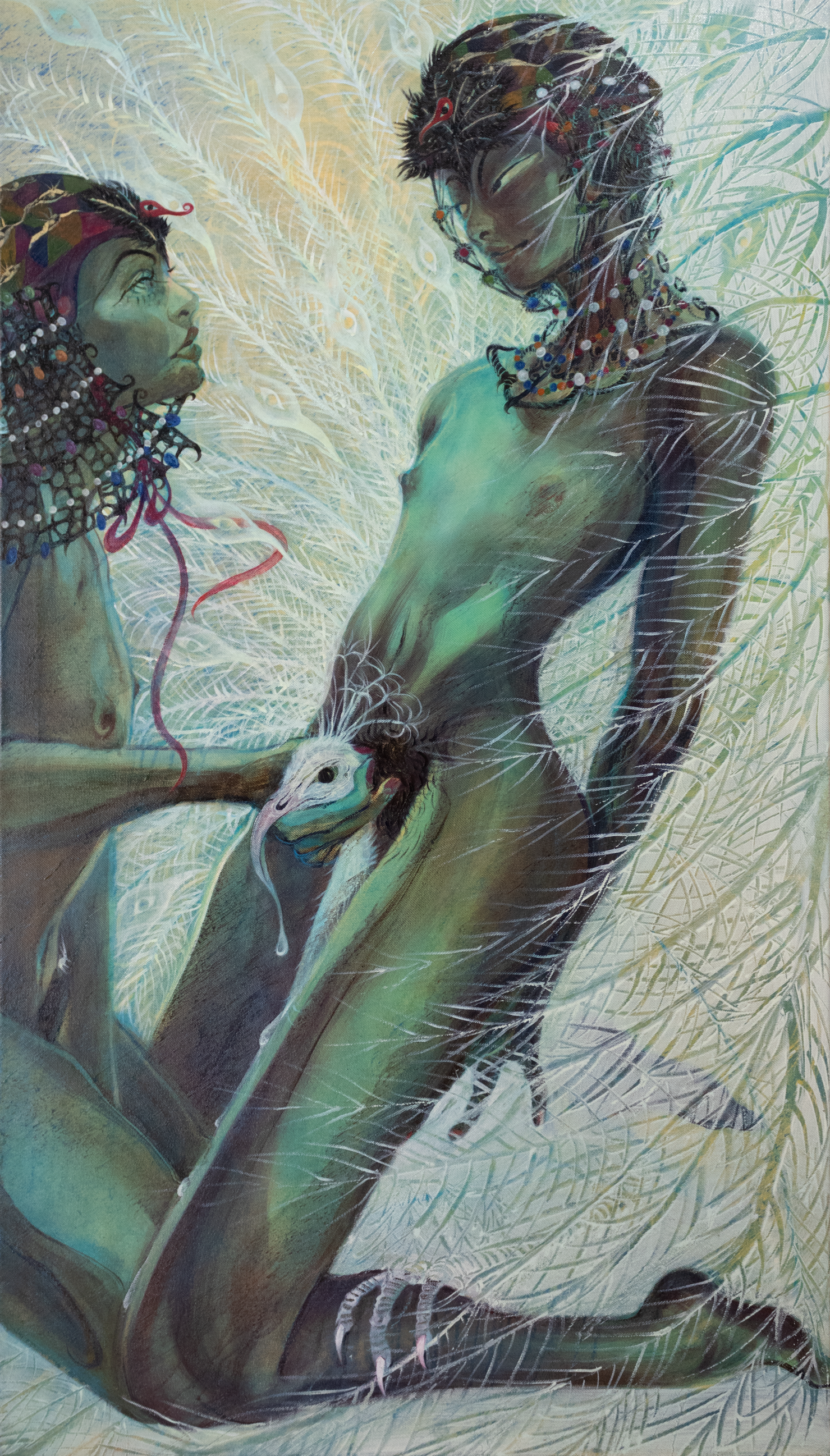 White peacocks appear sexless until the end of their adolescence, oil on canvas, 80 x 140 cm