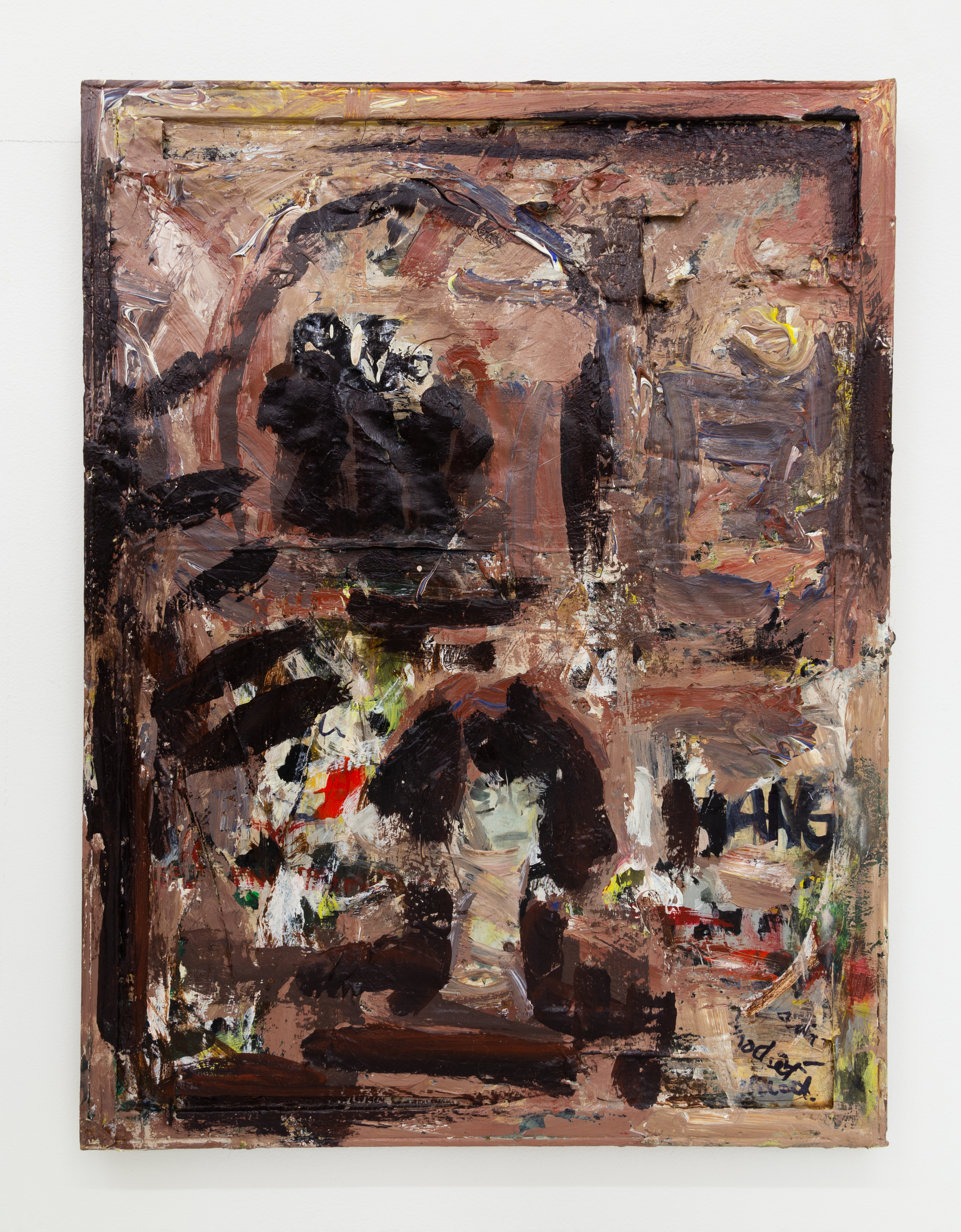 Cay Bahnmiller, La Vérité, 2003, oil, latex, collage, marker on corkboard, 24 x 18.25 inches