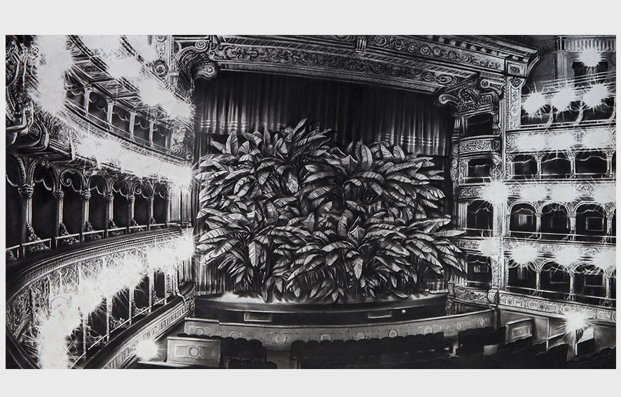 La Herencia del Miedo, 2017. Charcoal on paper, 45 x 85 inches.