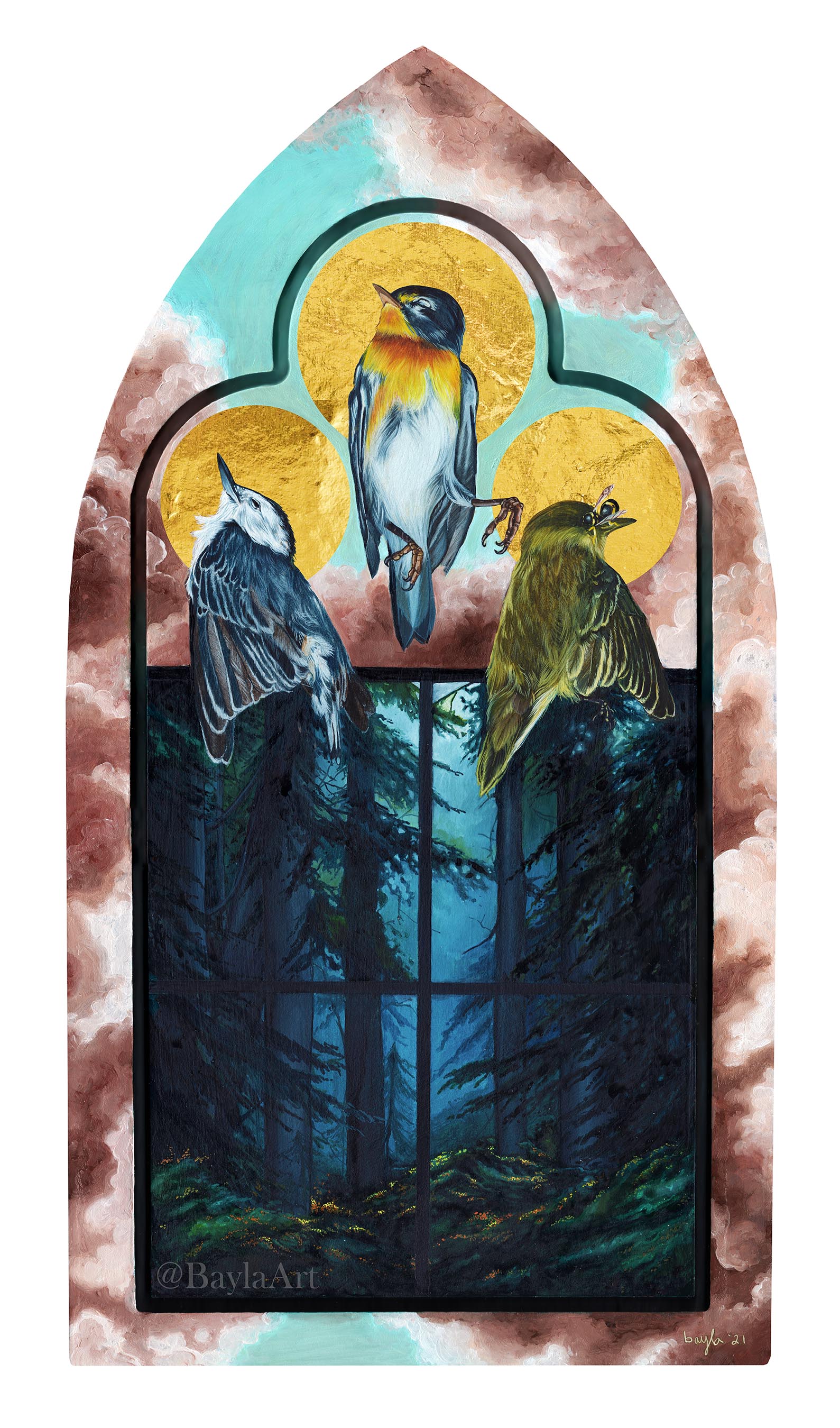 White Breasted Nuthatch, Northern Parula and Blackpoll Warbler Window StrikeWatercolor, Oil, and Gold Leaf11" x 20"2021
