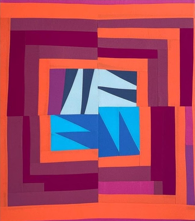 A painting that looks like a geometric patchwork quilt made up of mostly rectangles and triangles. Oranges and purples make up a kind of border and various blues occupy the middle.