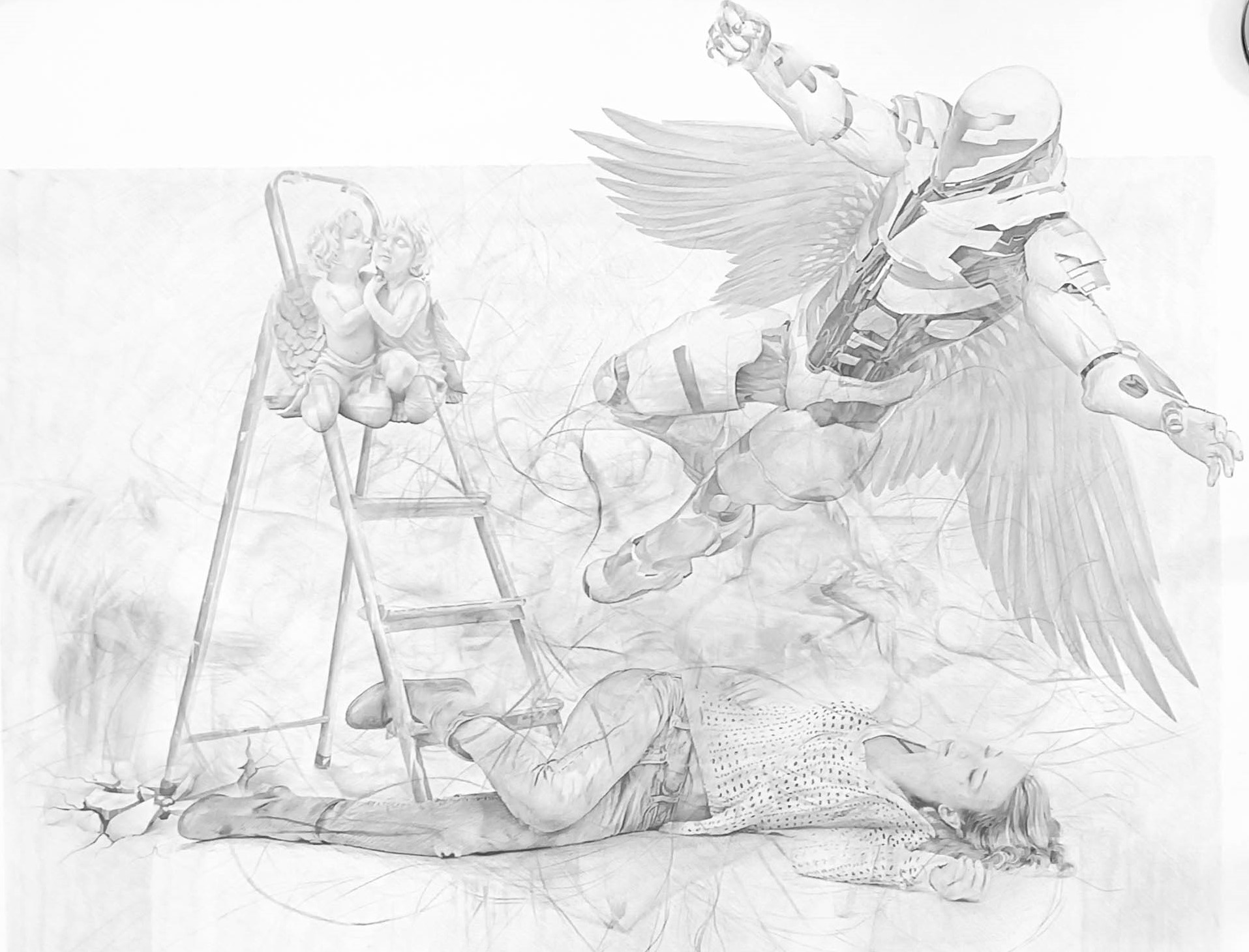Othman Taleb, Nativitas, Graphite and transfer on Canson paper, 90x125cm, 2023