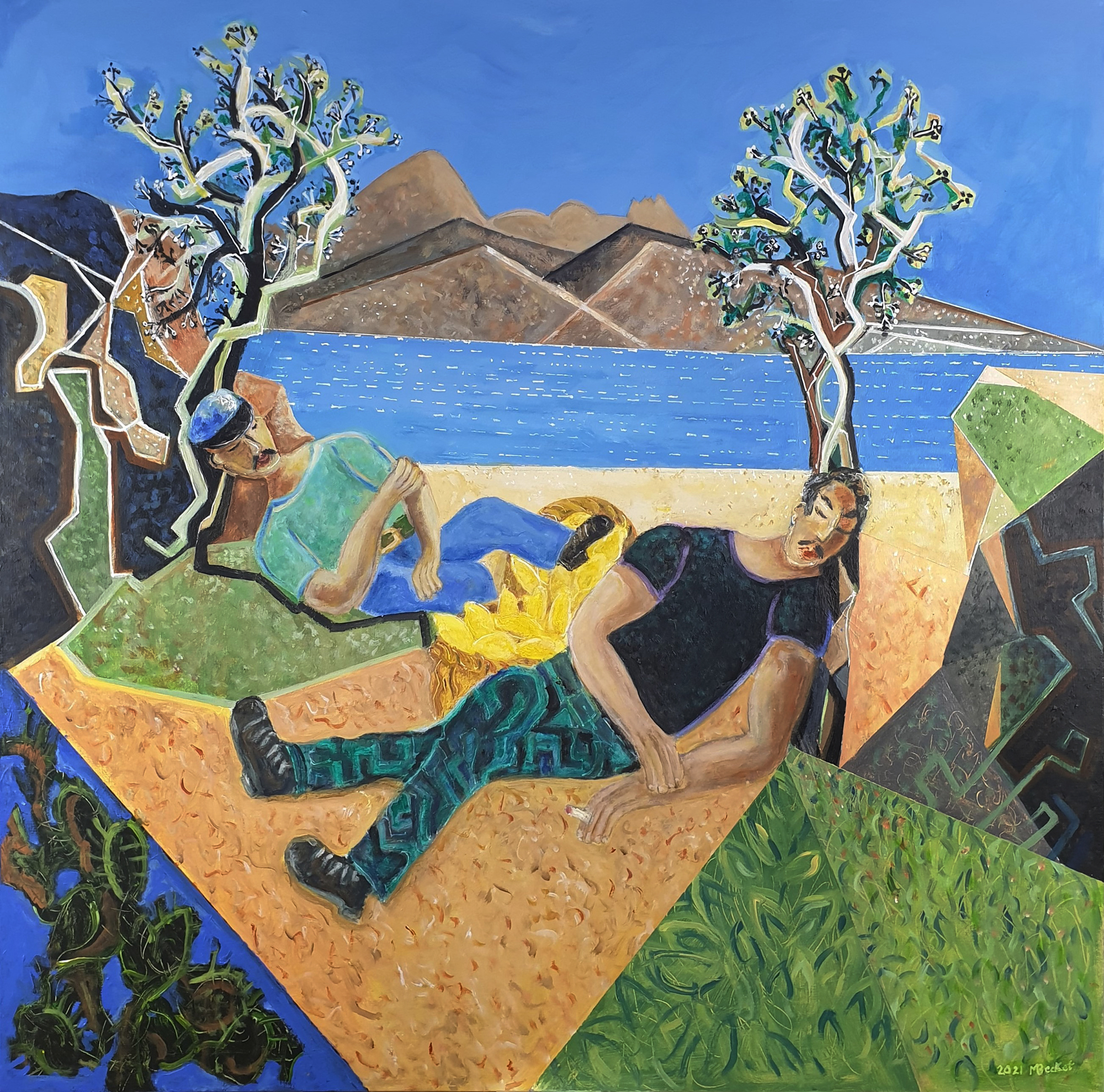 Olive Trees with Lemon Pickers, Acrylic on Canvas 100 x 100, 2021