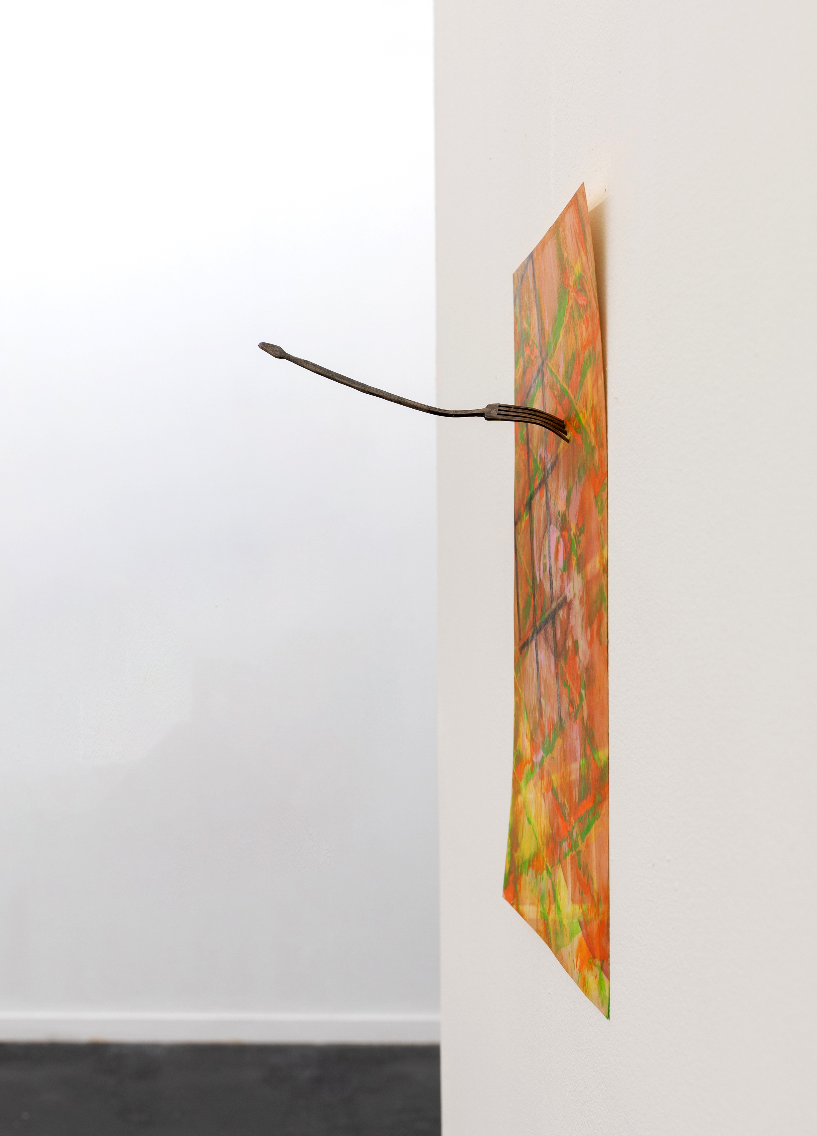 Nipple, 2021, Metal Fork and Oil on Digital Print, 40x25x16.5 cm