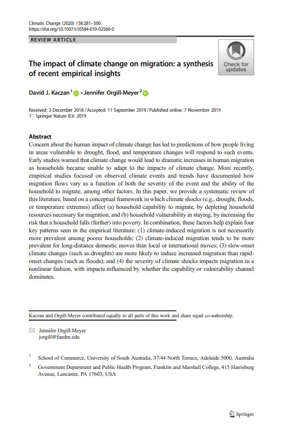 Kaczan, D.J., Orgill-Meyer, J. The impact of climate change on migration: a synthesis of recent empirical insights. Climatic Change 158, 281&ndash;300 (2020). [canvas]