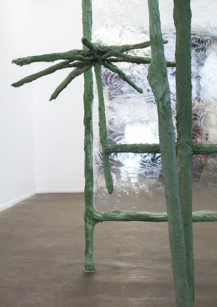 PDA I, 2018, umbrellas, steel, plaster, burlap, sand, pigment, glass, vaseline