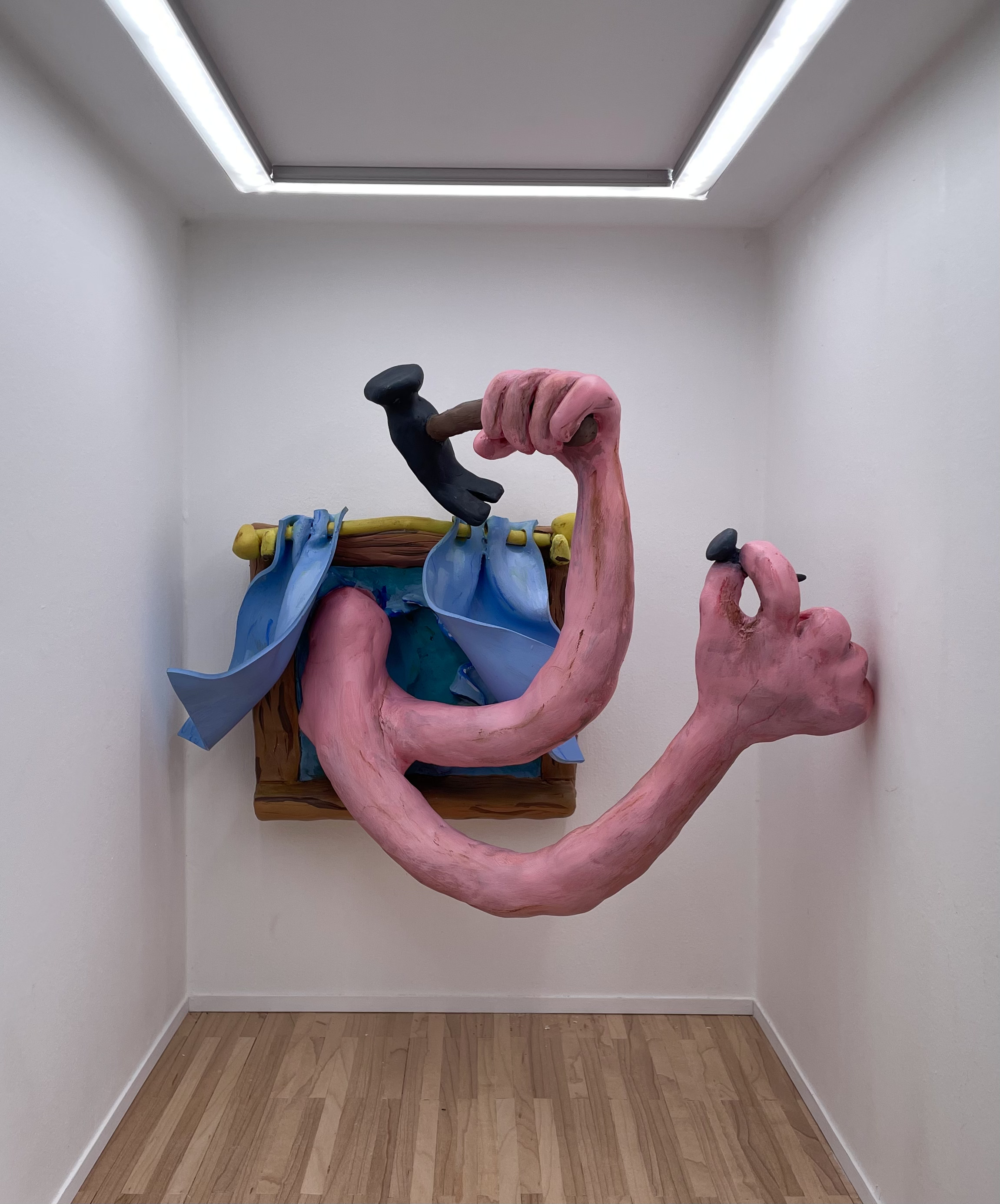 The God Problem,9x12x6”, epoxy clay, wood, acrylic paint, aluminum foil, styrene, 2023