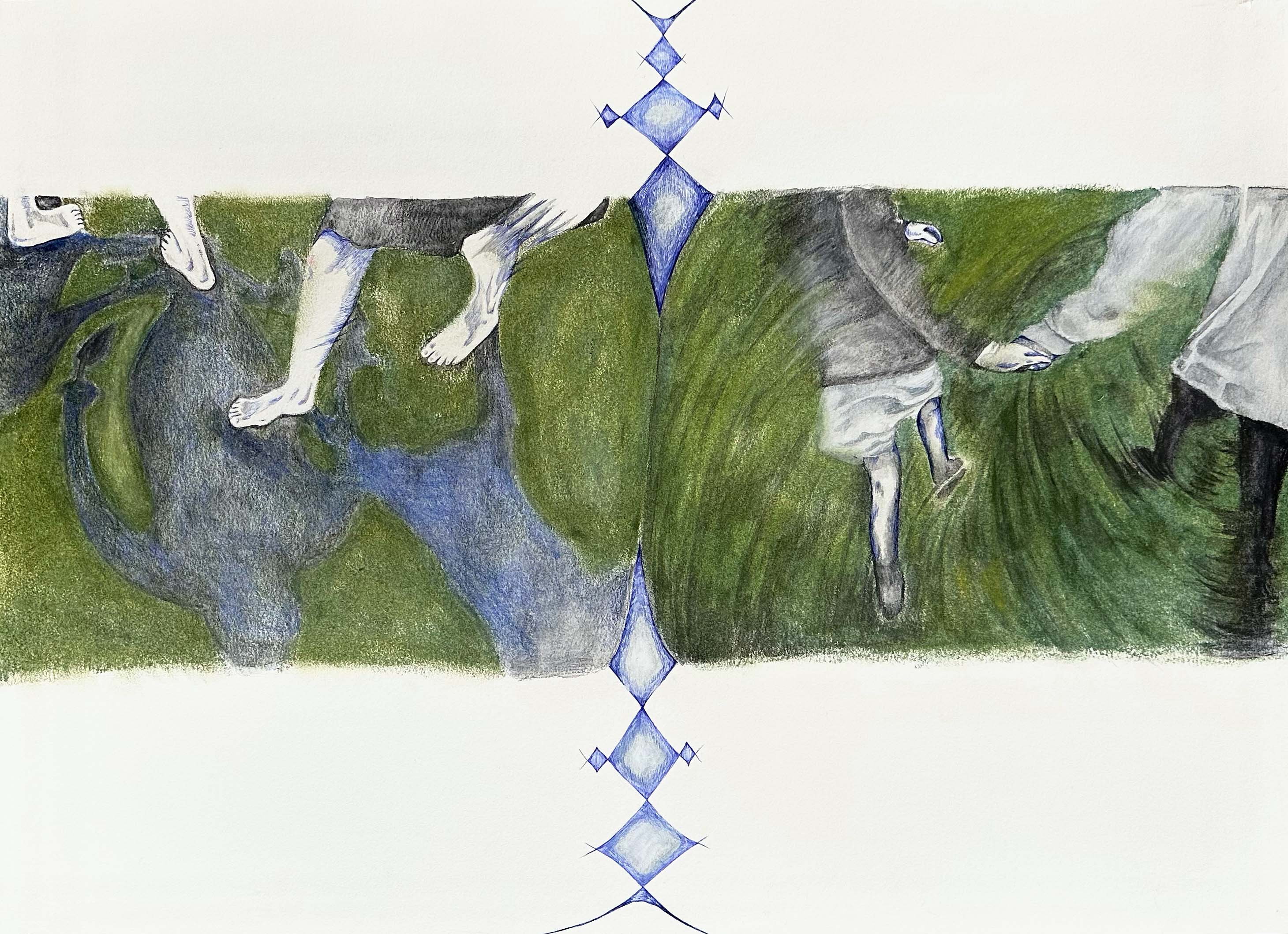 first one to touch that tree wins, 15x20 oil pastel, ink, on paper, 2024