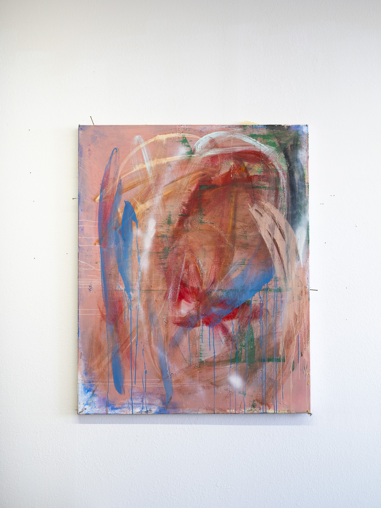 SOLD - stomach (butterflies) w/ nail border, 36x48, oil/acrylic/enamel/aerosol on canvas