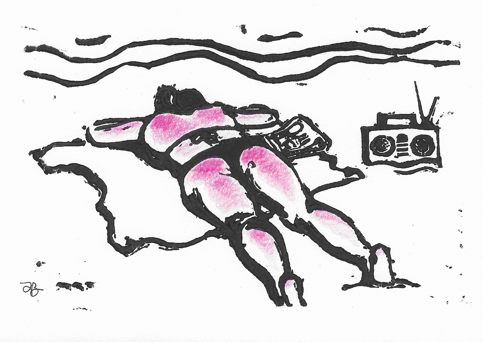 Mood, 2022, linoleum ink print and colored pencil on paper, 6”x8”